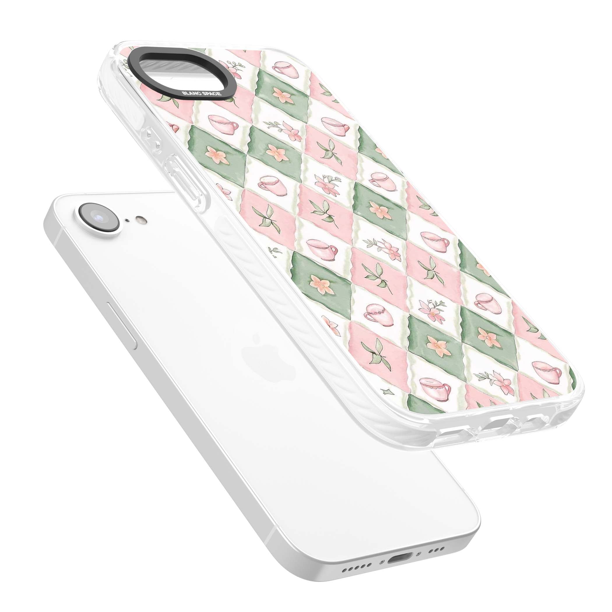 Garden Tea Party coquette iPhone case with pink and green checkered pattern, watercolour teacups and wildflowers | Impact Magsafe case for iPhone 16e, iPhone 17e