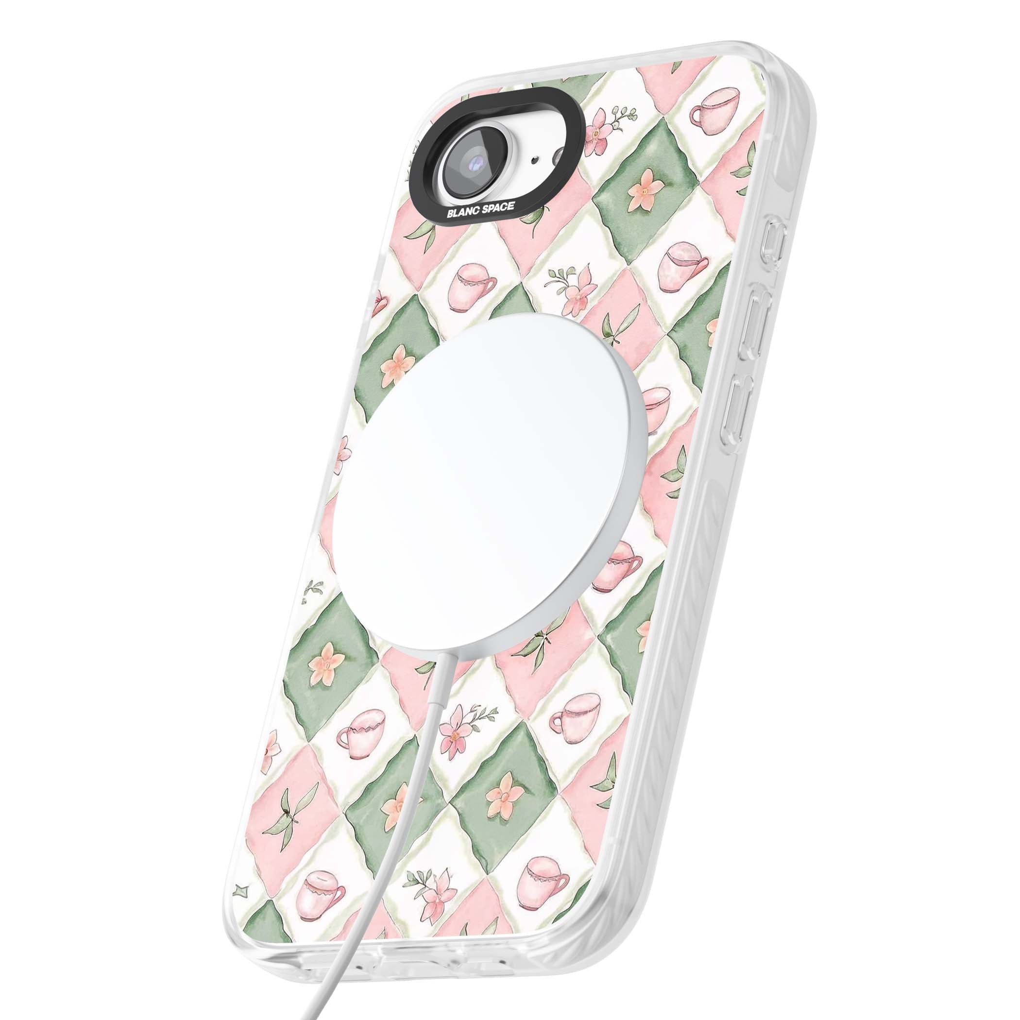 Garden Tea Party coquette iPhone case with pink and green checkered pattern, watercolour teacups and wildflowers | Impact Magsafe case for iPhone 16e, iPhone 17e