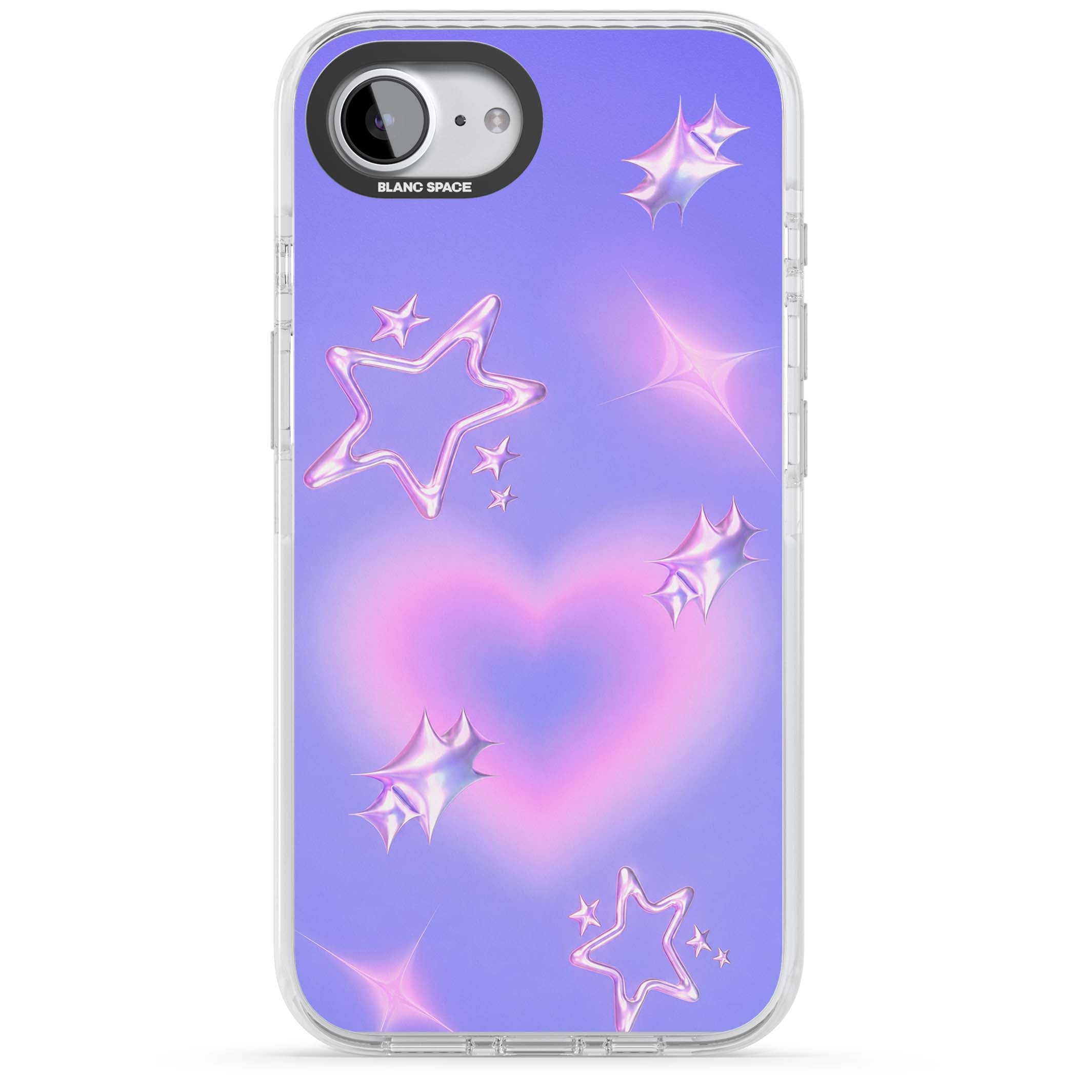 Soft Sugar Y2K iPhone case featuring iridescent chrome hearts, metallic pink stars and a lavender gradient sky | Impact Magsafe case for iPhone 16e, iPhone 17e