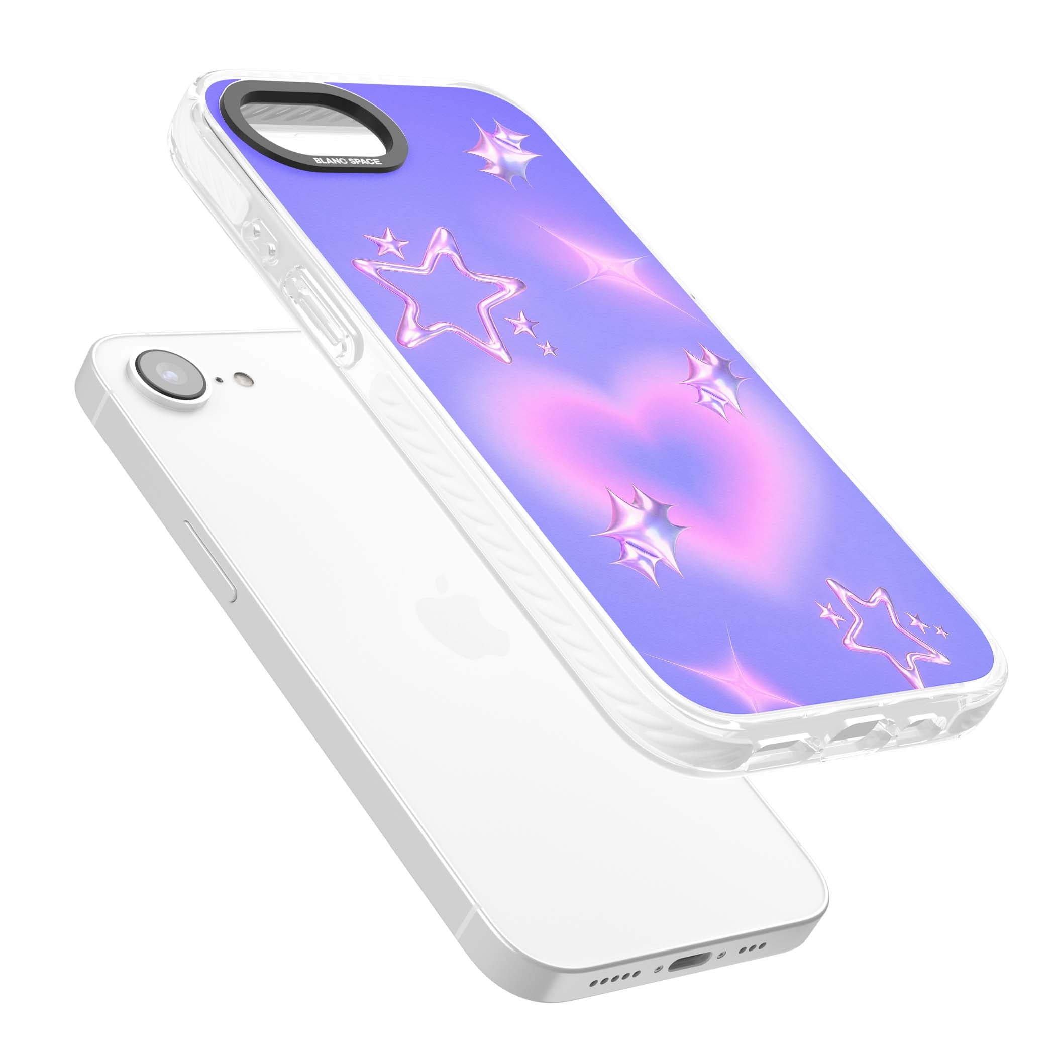 Soft Sugar Y2K iPhone case featuring iridescent chrome hearts, metallic pink stars and a lavender gradient sky | Impact Magsafe case for iPhone 16e, iPhone 17e