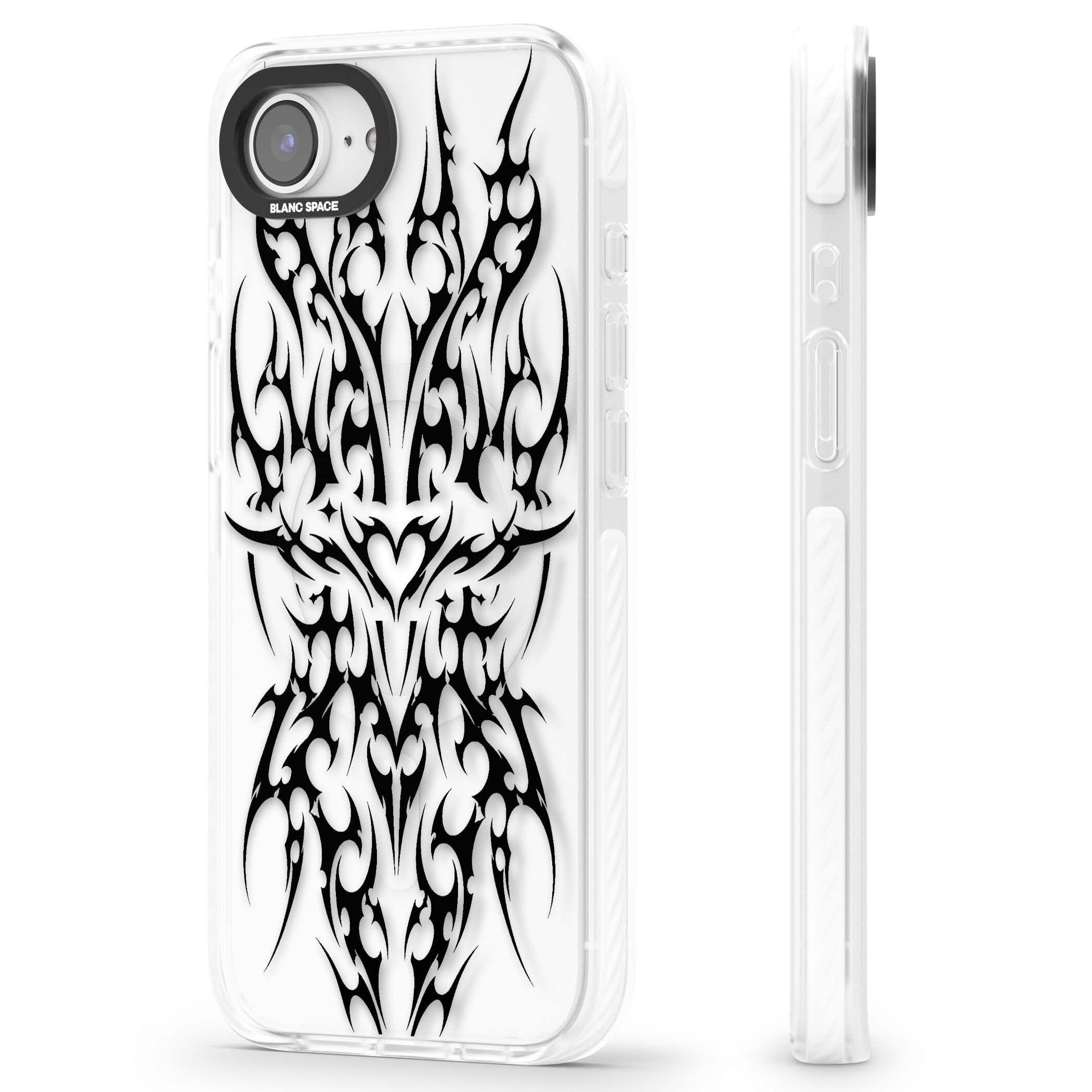 Neo Tribal Heart gothic iPhone case featuring symmetrical black tribal tattoo art with sharp thorn-like linework | Impact Magsafe case for iPhone 16e, iPhone 17e