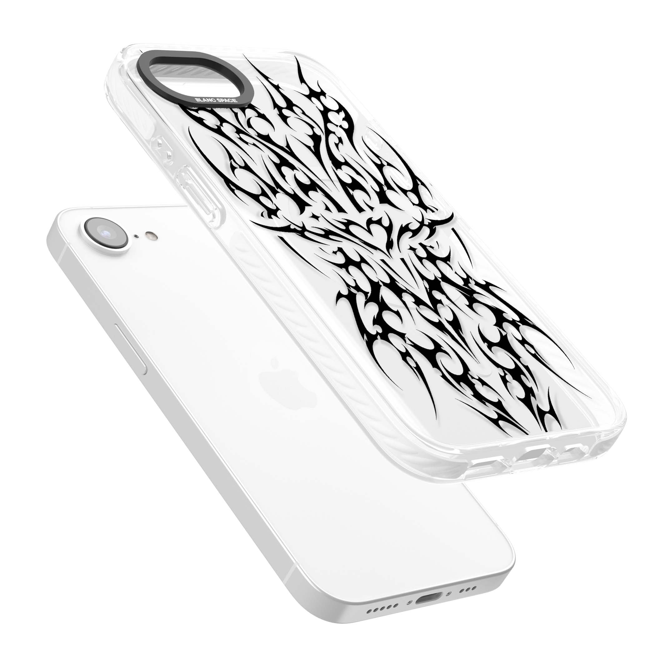 Neo Tribal Heart gothic iPhone case featuring symmetrical black tribal tattoo art with sharp thorn-like linework | Impact Magsafe case for iPhone 16e, iPhone 17e