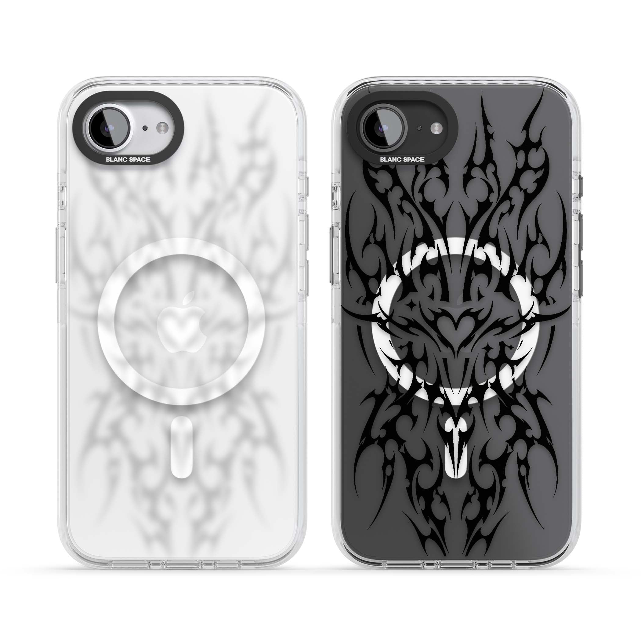 Neo Tribal Heart gothic iPhone case featuring symmetrical black tribal tattoo art with sharp thorn-like linework | Impact Magsafe case for iPhone 16e, iPhone 17e
