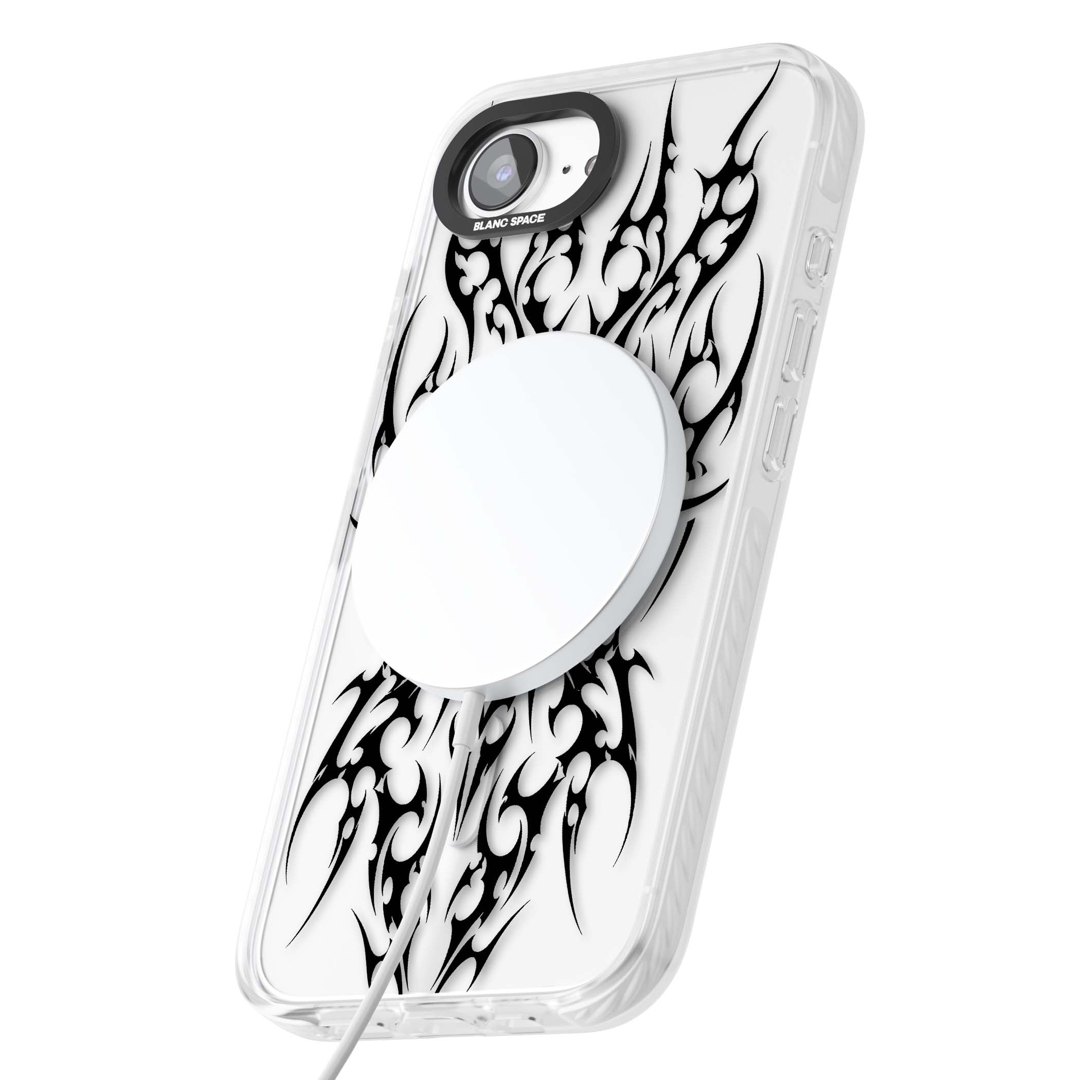 Neo Tribal Heart gothic iPhone case featuring symmetrical black tribal tattoo art with sharp thorn-like linework | Impact Magsafe case for iPhone 16e, iPhone 17e