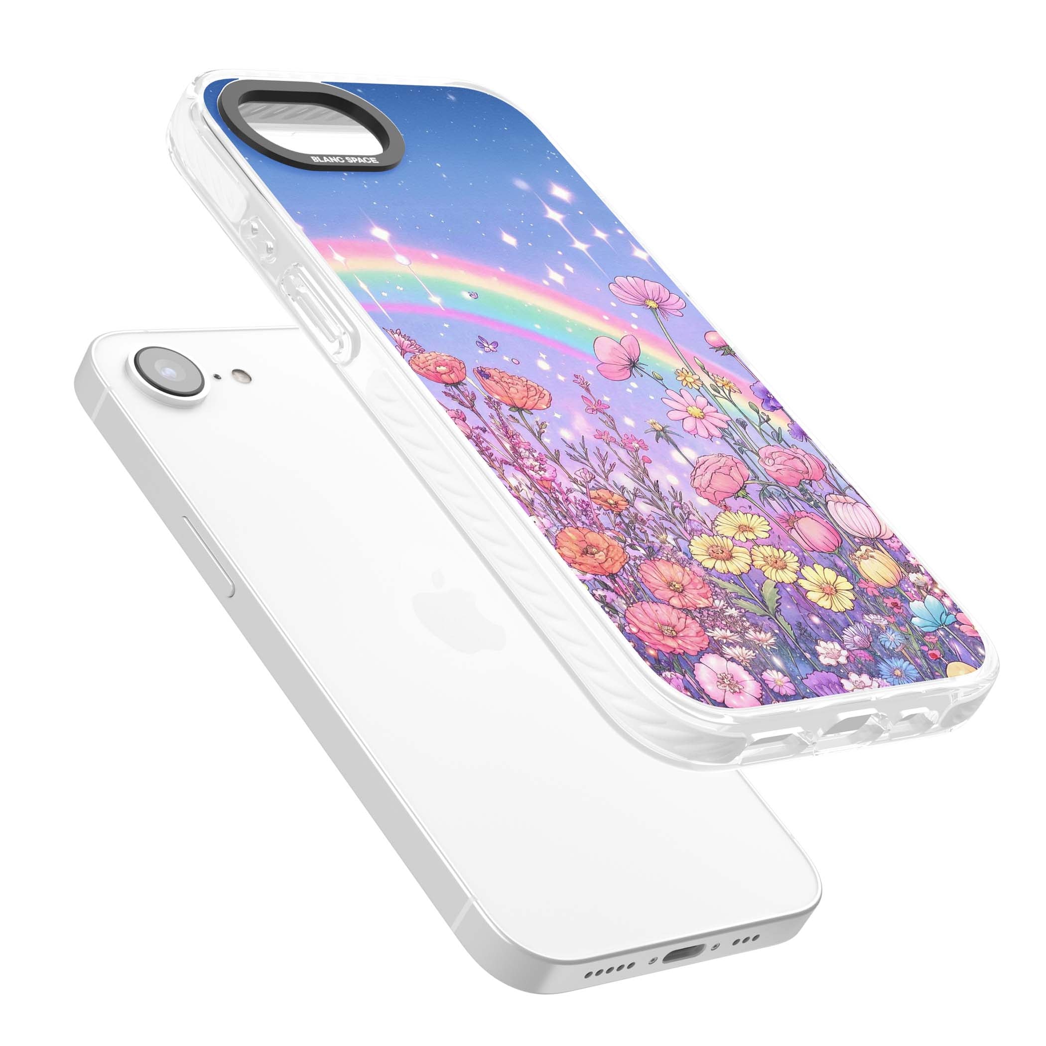 Magical Meadow fairycore iPhone case featuring a pastel rainbow, sparkling stars and a wildflower meadow | Clear Impact case for iPhone 16e, iPhone 17e