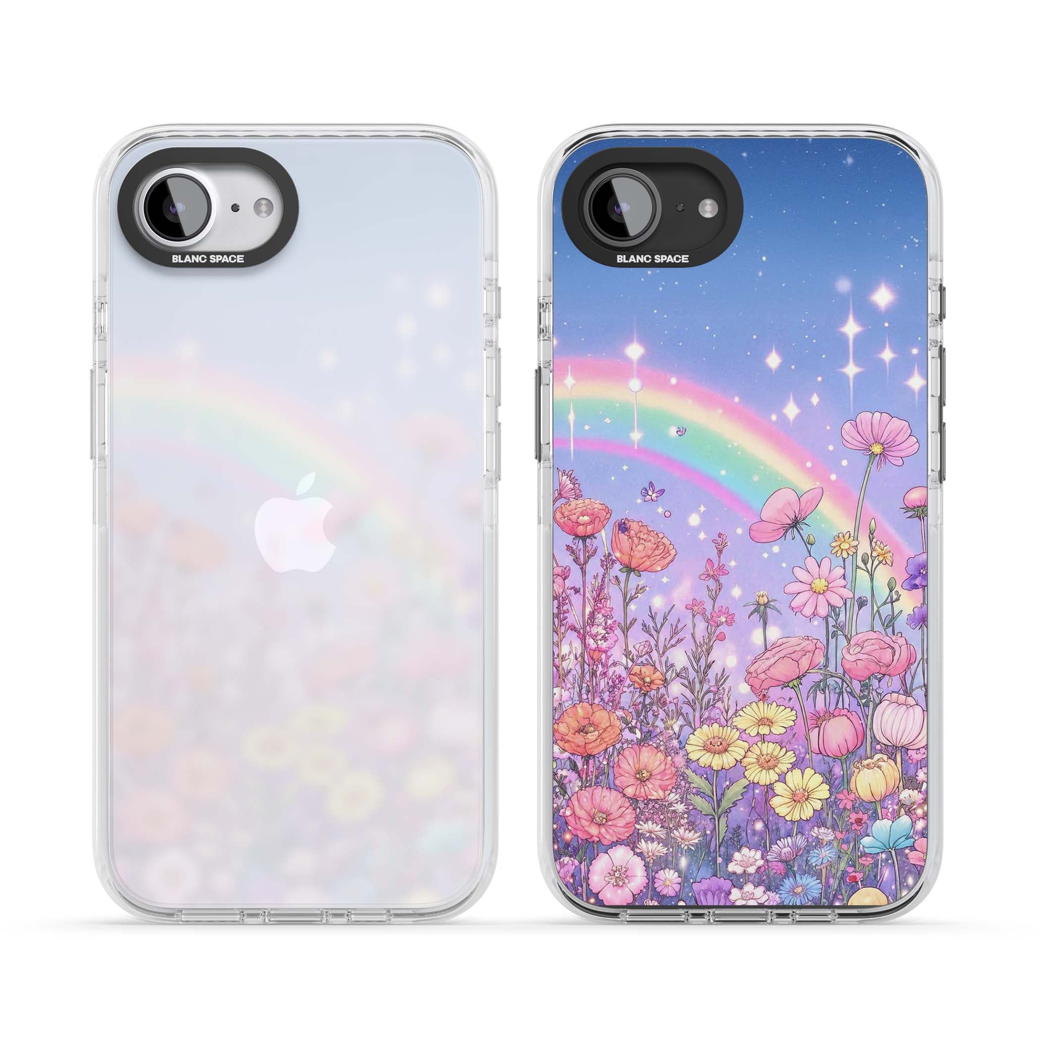 Magical Meadow fairycore iPhone case featuring a pastel rainbow, sparkling stars and a wildflower meadow | Clear Impact case for iPhone 16e, iPhone 17e
