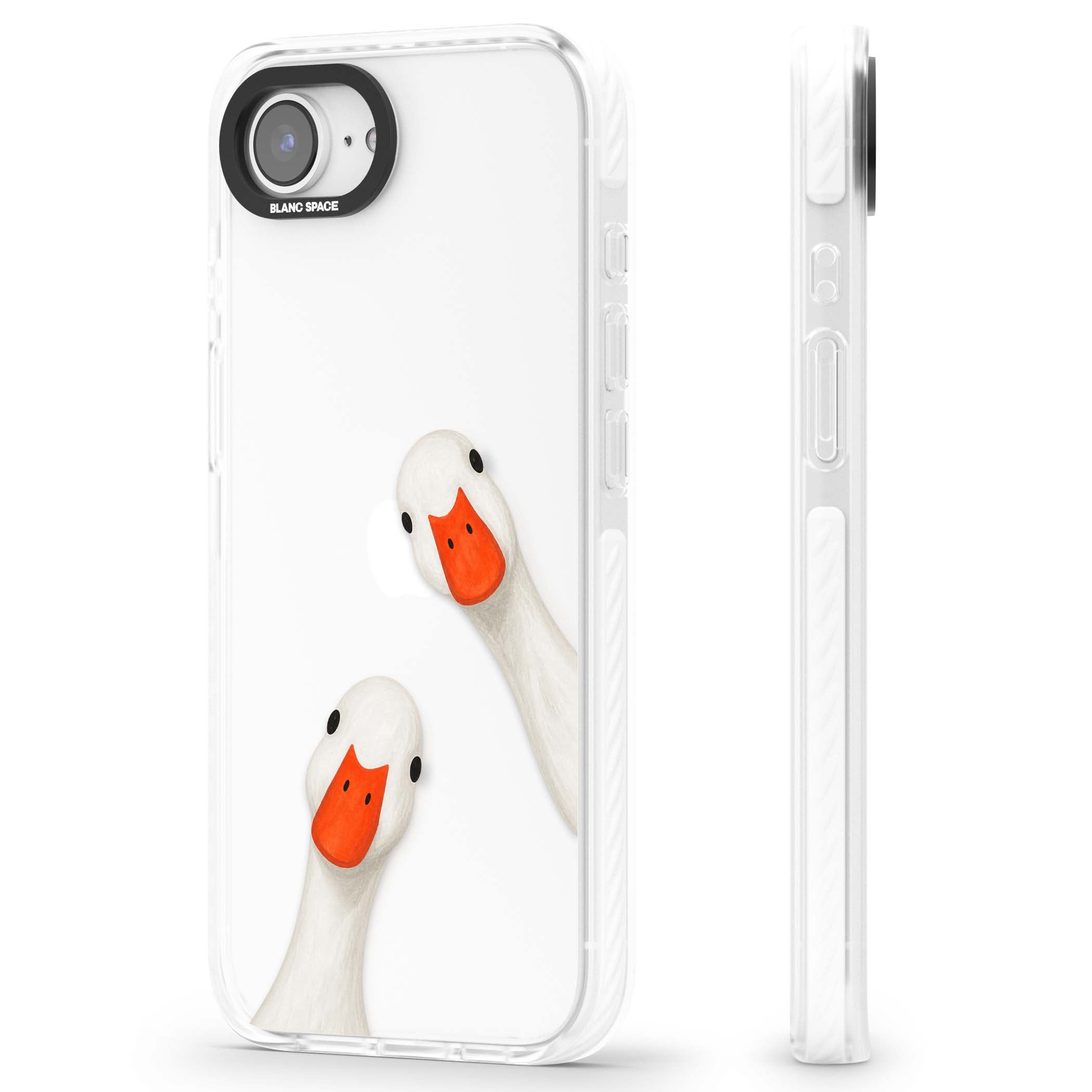 Nosy Ducks cottagecore iPhone case featuring two peeking white ducks with orange beaks on a clear background | Clear Impact case for iPhone 16e, iPhone 17e