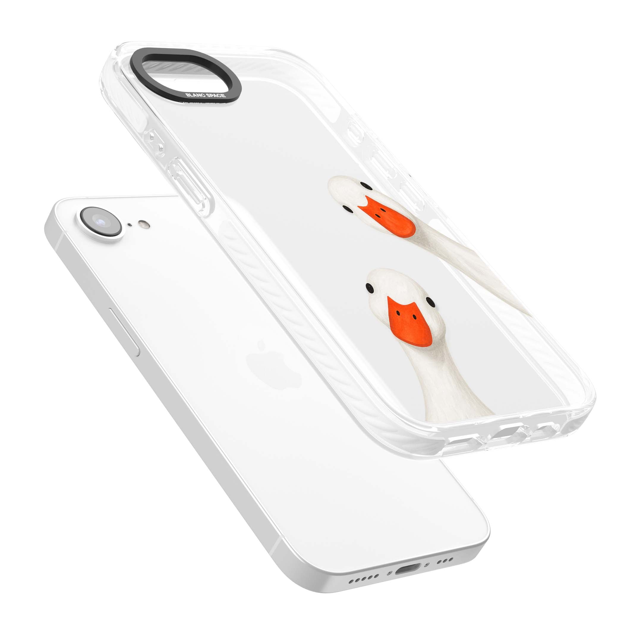 Nosy Ducks cottagecore iPhone case featuring two peeking white ducks with orange beaks on a clear background | Clear Impact case for iPhone 16e, iPhone 17e