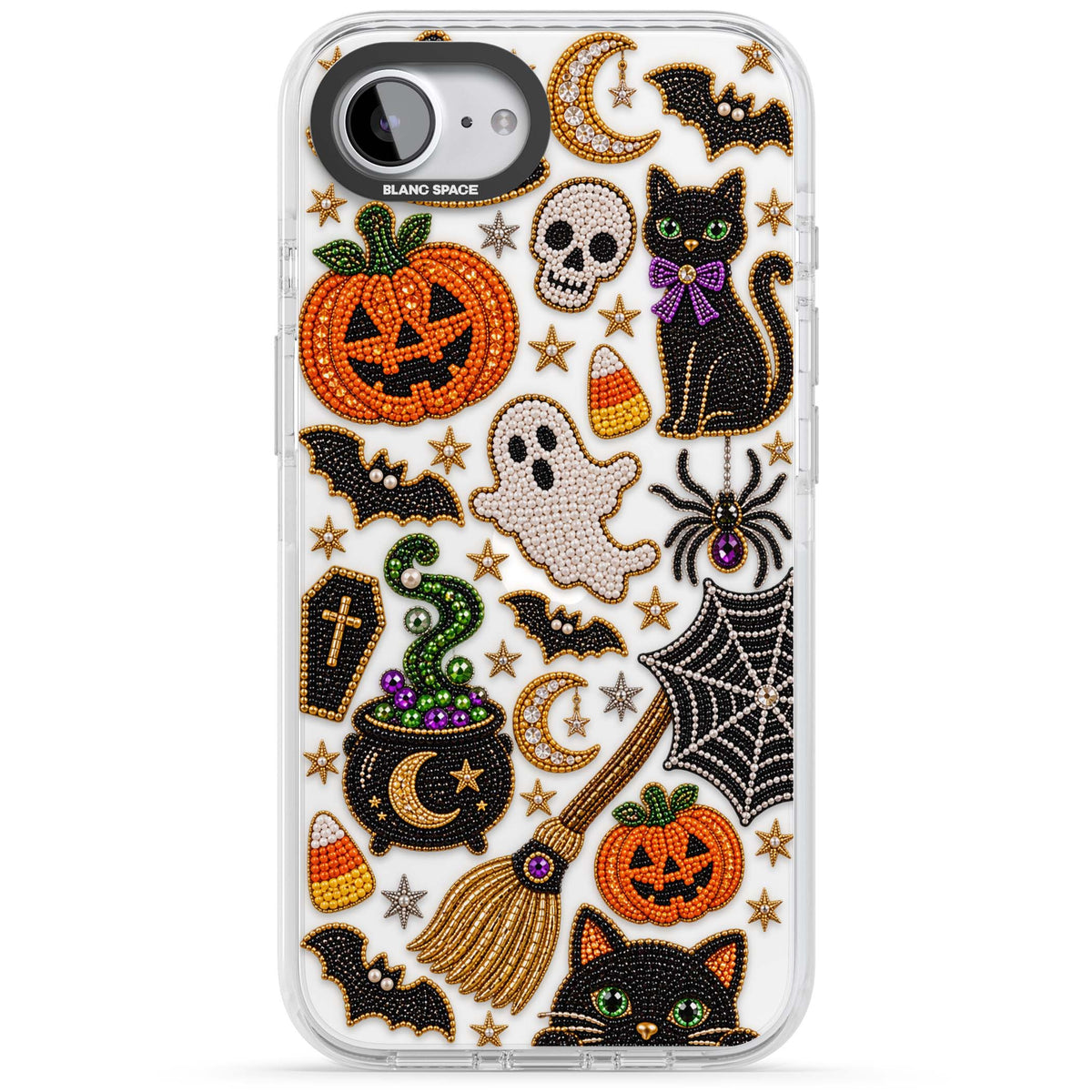 Beaded Halloween Halloween iPhone case featuring beaded pumpkins, ghosts, black cats and bats | Clear Impact case for iPhone 16e, iPhone 17e