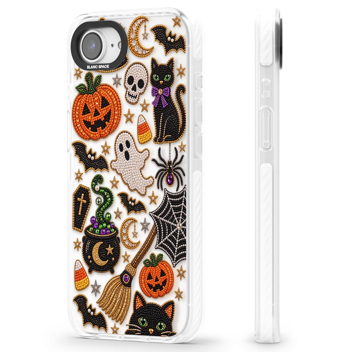 Beaded Halloween Halloween iPhone case featuring beaded pumpkins, ghosts, black cats and bats | Clear Impact case for iPhone 16e, iPhone 17e