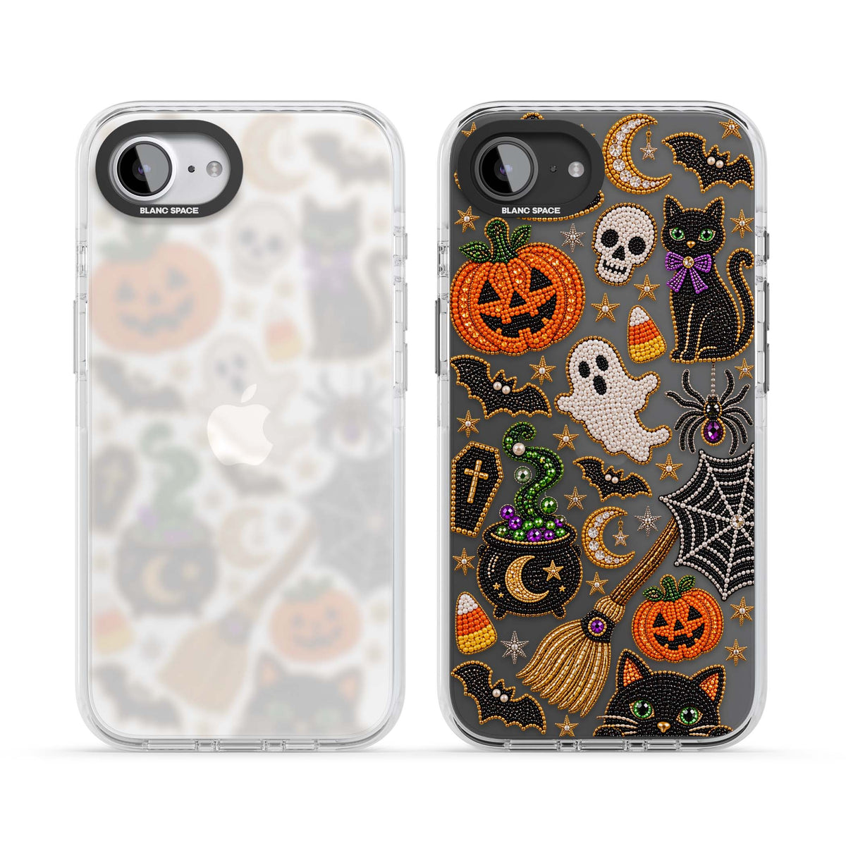 Beaded Halloween Halloween iPhone case featuring beaded pumpkins, ghosts, black cats and bats | Clear Impact case for iPhone 16e, iPhone 17e