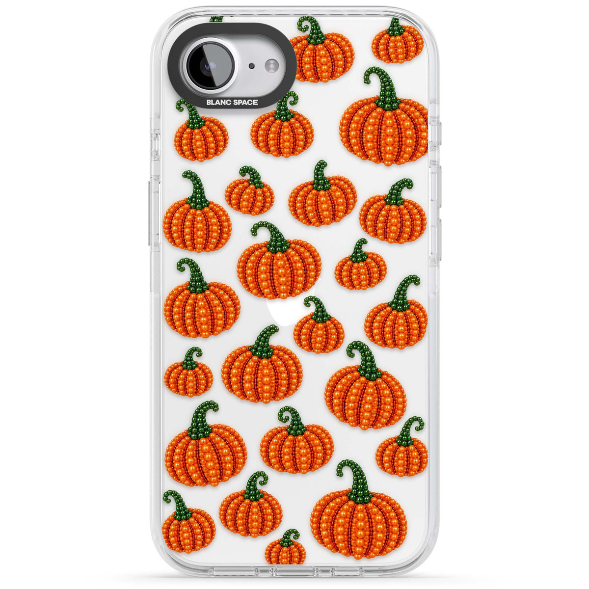 Beaded Pumpkins halloween iPhone case featuring beaded orange pumpkins with green stems on a clear background | Clear Impact case for iPhone 16e, iPhone 17e