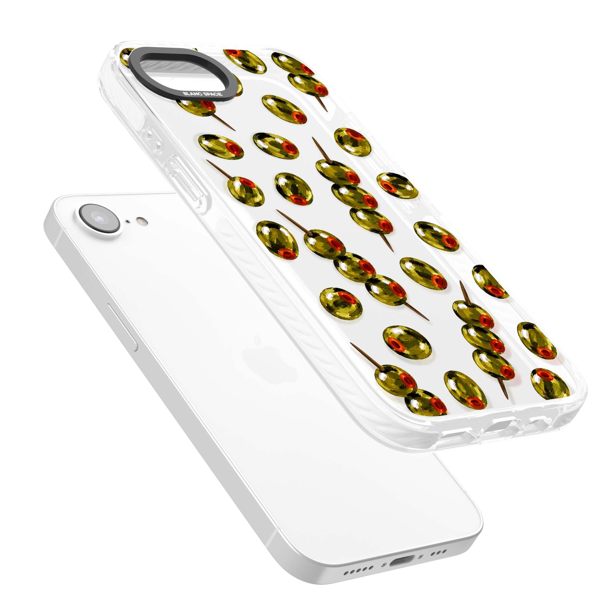 Painted Olives cocktail iPhone case featuring green olives, pimento centres and toothpick skewers on a clear background | Clear Impact case for iPhone 16e, iPhone 17e