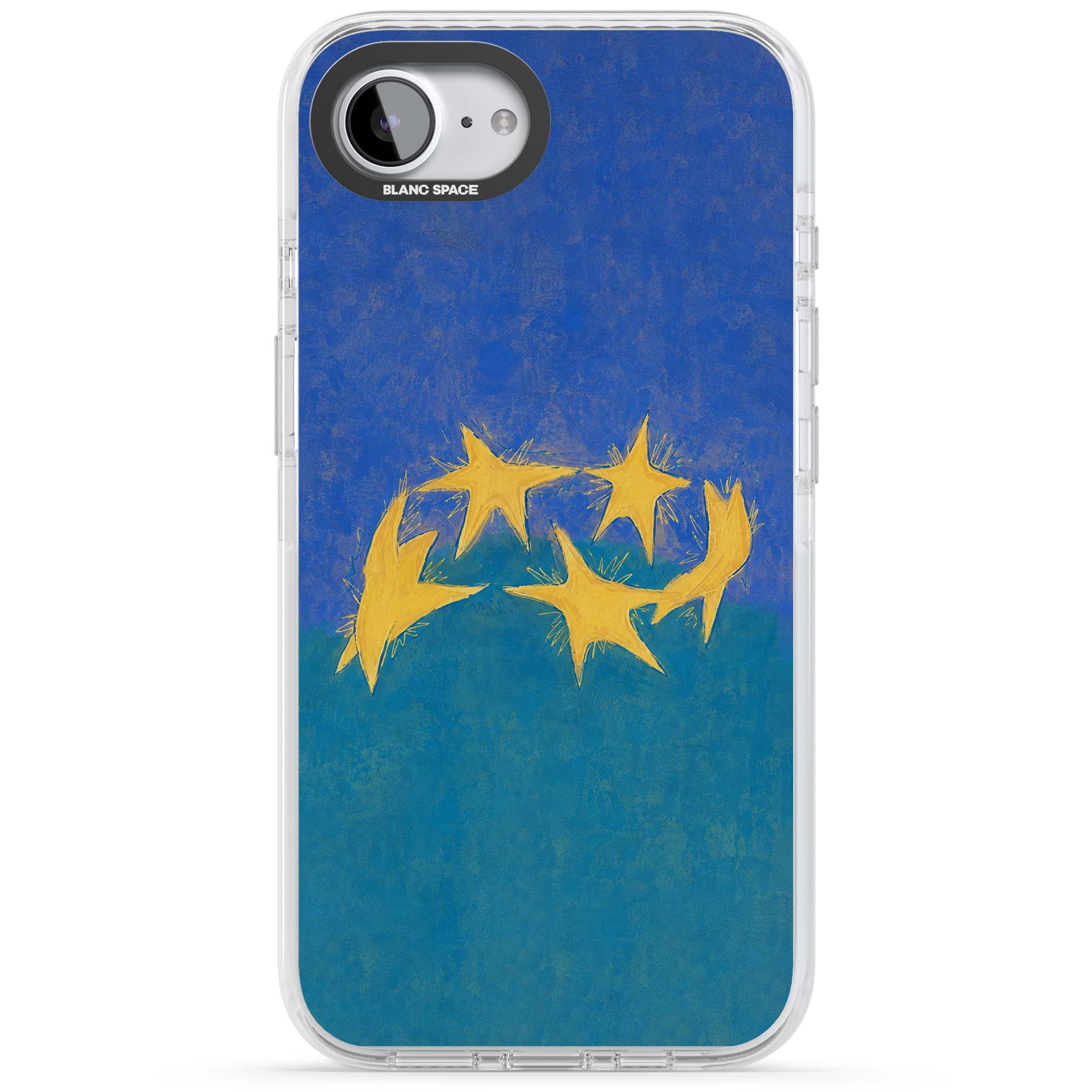 Star Boogie stars aesthetic iPhone case featuring five yellow hand-painted stars on cobalt blue and teal | Clear Impact case for iPhone 16e, iPhone 17e