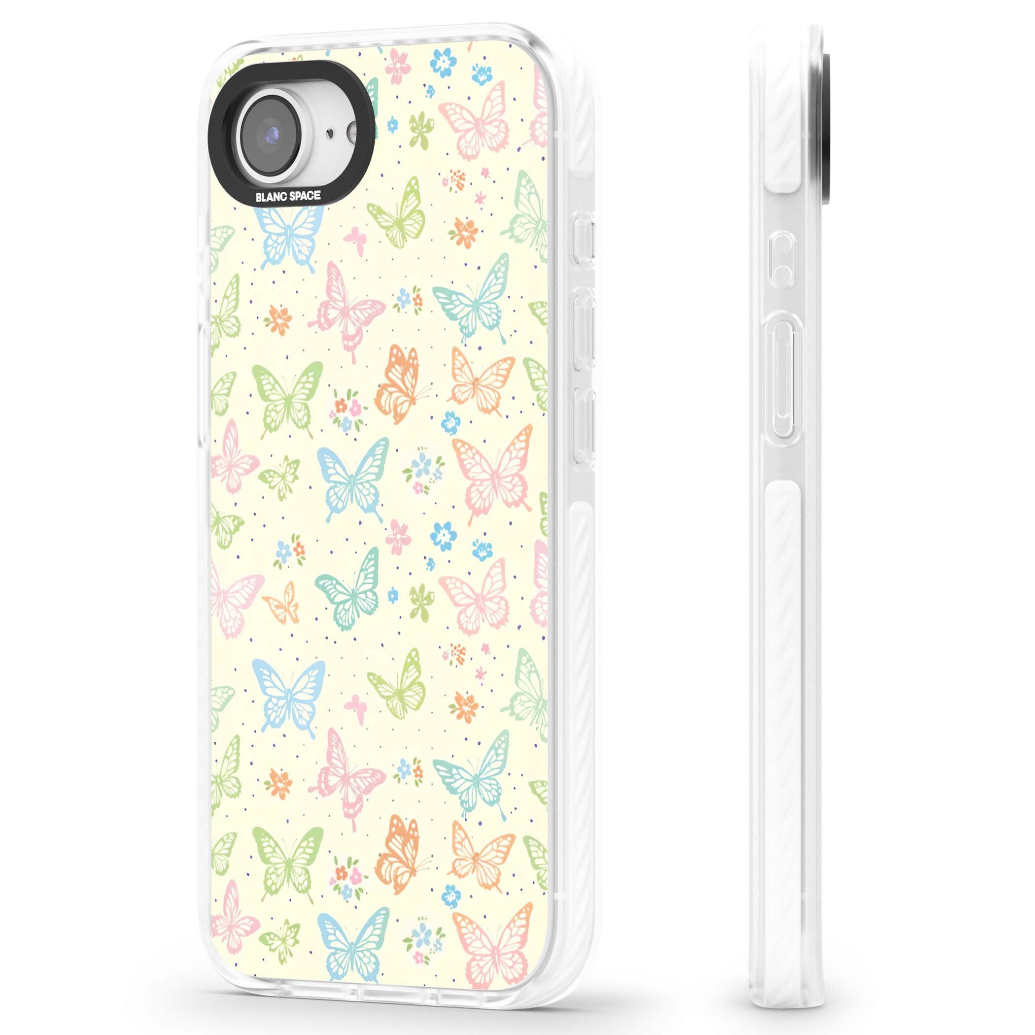 Sugar Wings cottagecore iPhone case featuring rainbow pastel butterflies, tiny wildflowers, and a cream background | Clear Impact case for iPhone 16e, iPhone 17e