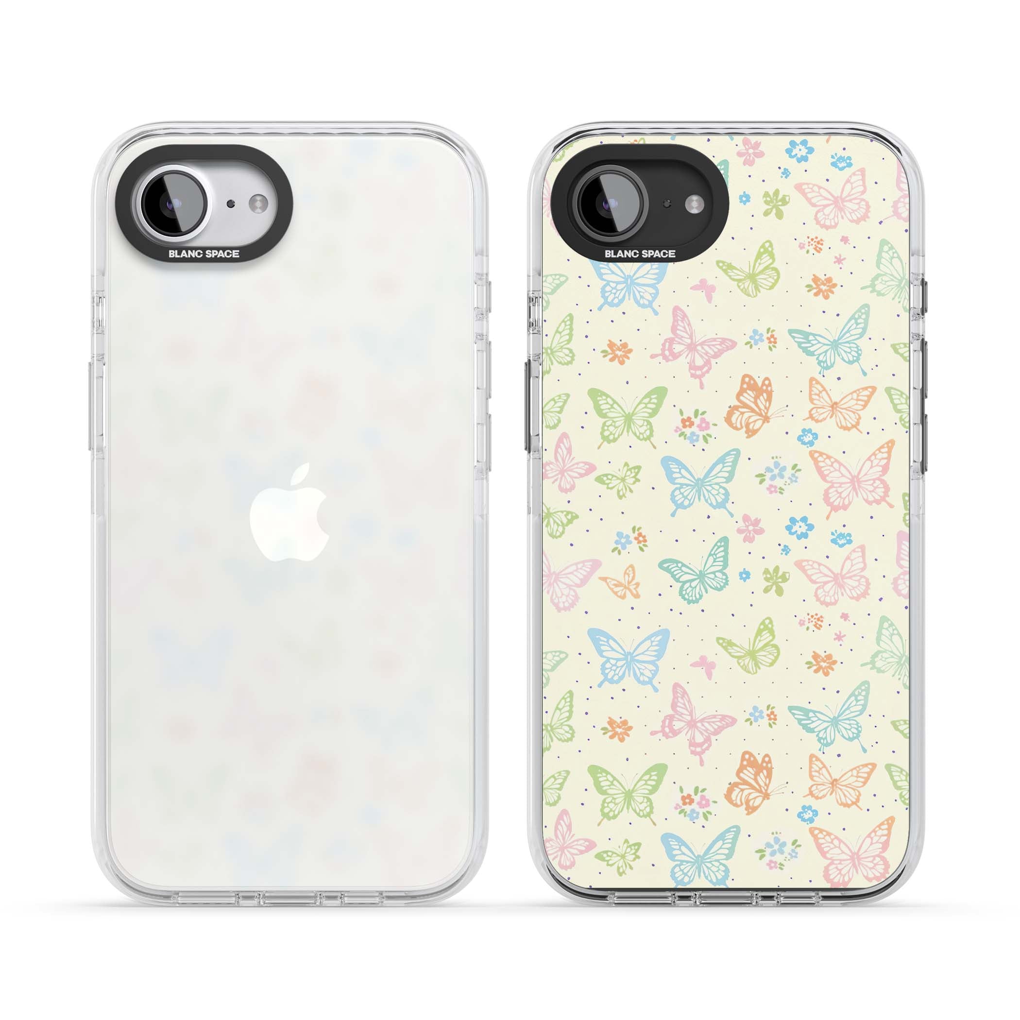 Sugar Wings cottagecore iPhone case featuring rainbow pastel butterflies, tiny wildflowers, and a cream background | Clear Impact case for iPhone 16e, iPhone 17e