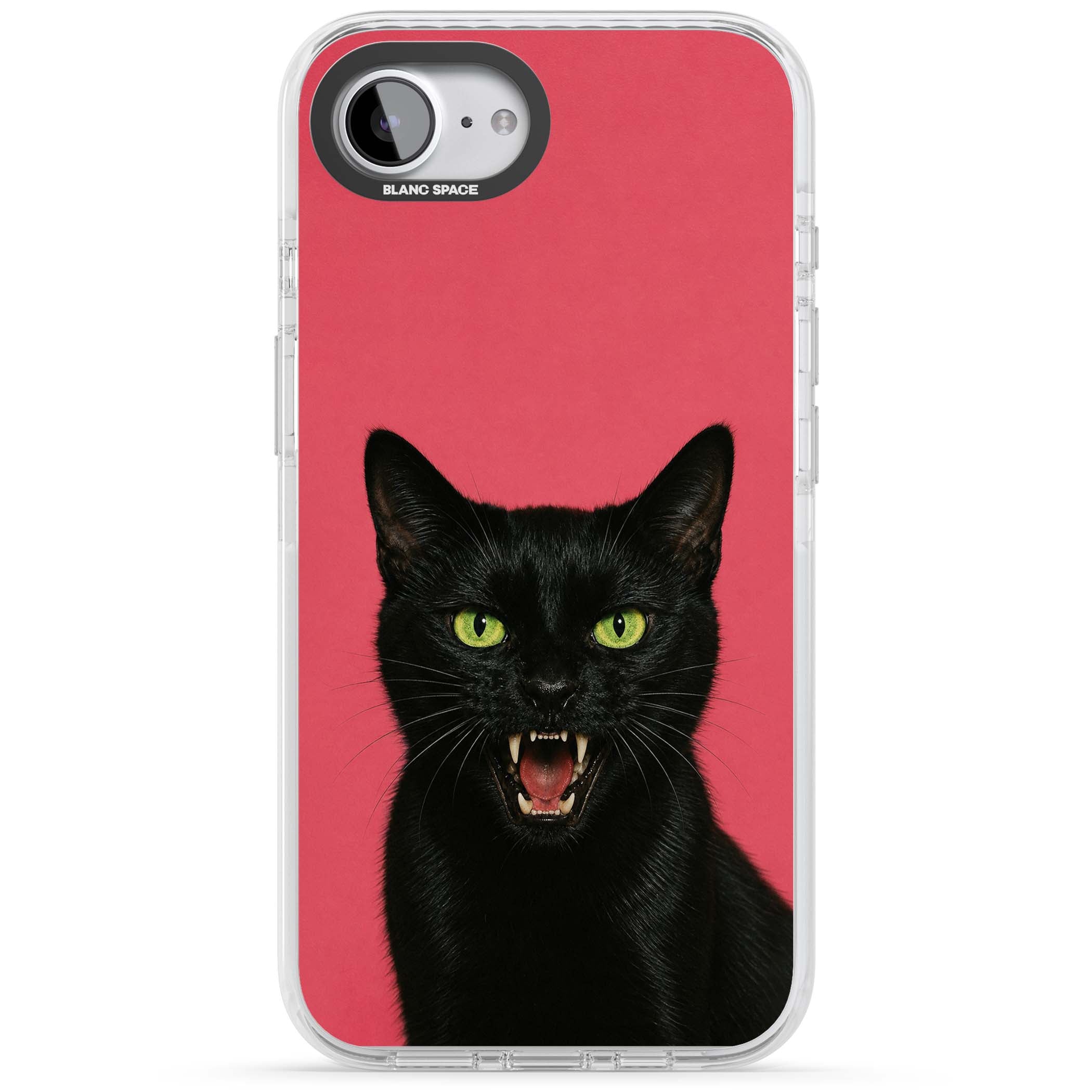 Hissin' Baddie black cat iPhone case featuring a hissing feline with green eyes on a hot pink background | Clear Impact case for iPhone 16e, iPhone 17e