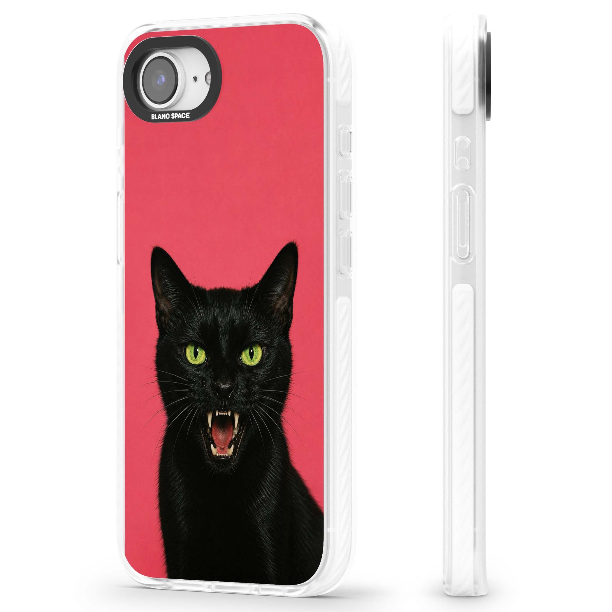 Hissin' Baddie black cat iPhone case featuring a hissing feline with green eyes on a hot pink background | Clear Impact case for iPhone 16e, iPhone 17e
