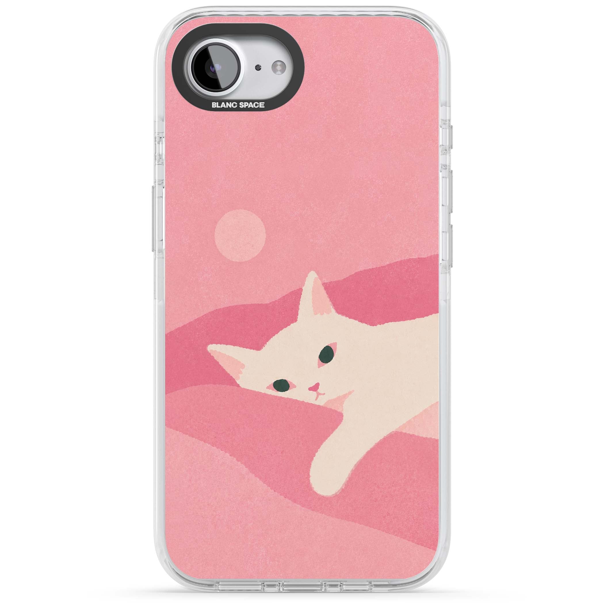 Pink Dreams cute cat iPhone case featuring a white kitten, soft pink hills and a pale pastel sun | Clear Impact case for iPhone 16e, iPhone 17e