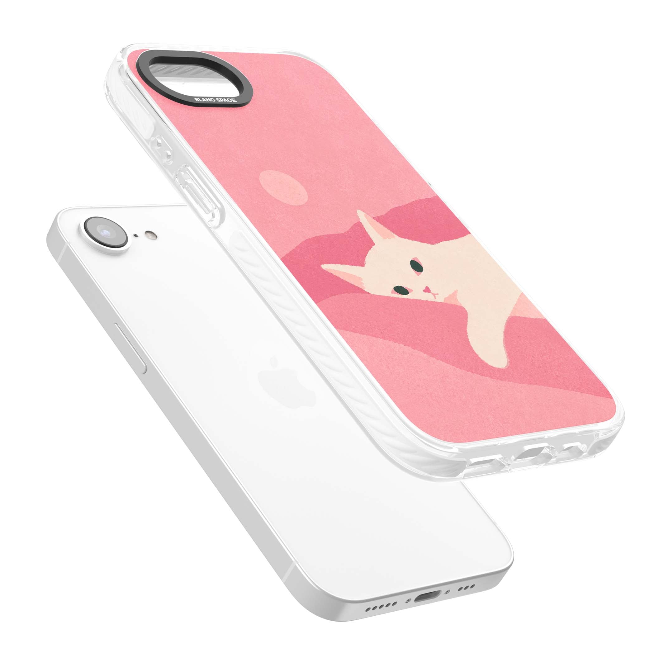 Pink Dreams cute cat iPhone case featuring a white kitten, soft pink hills and a pale pastel sun | Clear Impact case for iPhone 16e, iPhone 17e