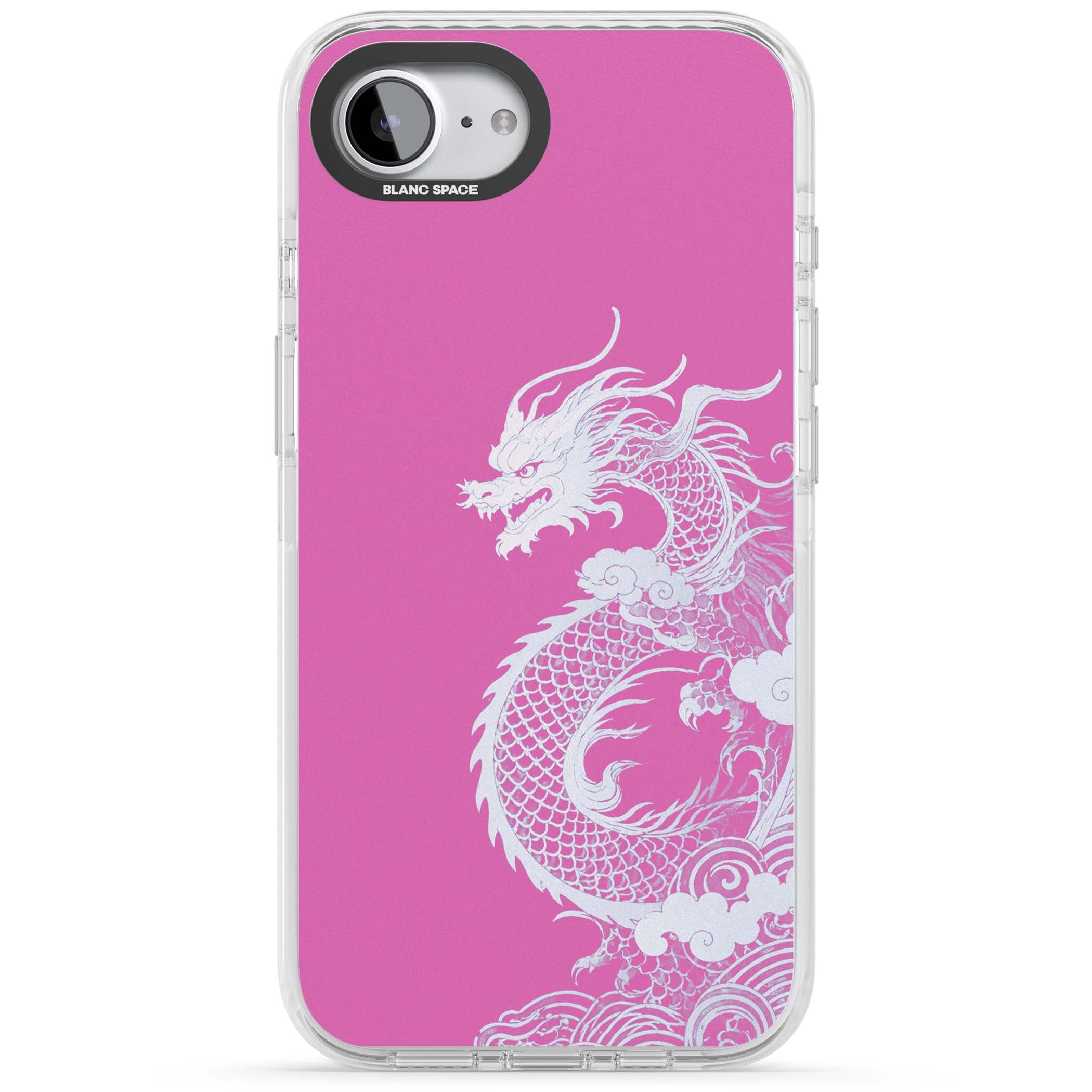Pink Empress chinese dragon iPhone case featuring a white dragon, swirling clouds and pink dragon wallpaper backdrop | Clear Impact case for iPhone 16e, iPhone 17e