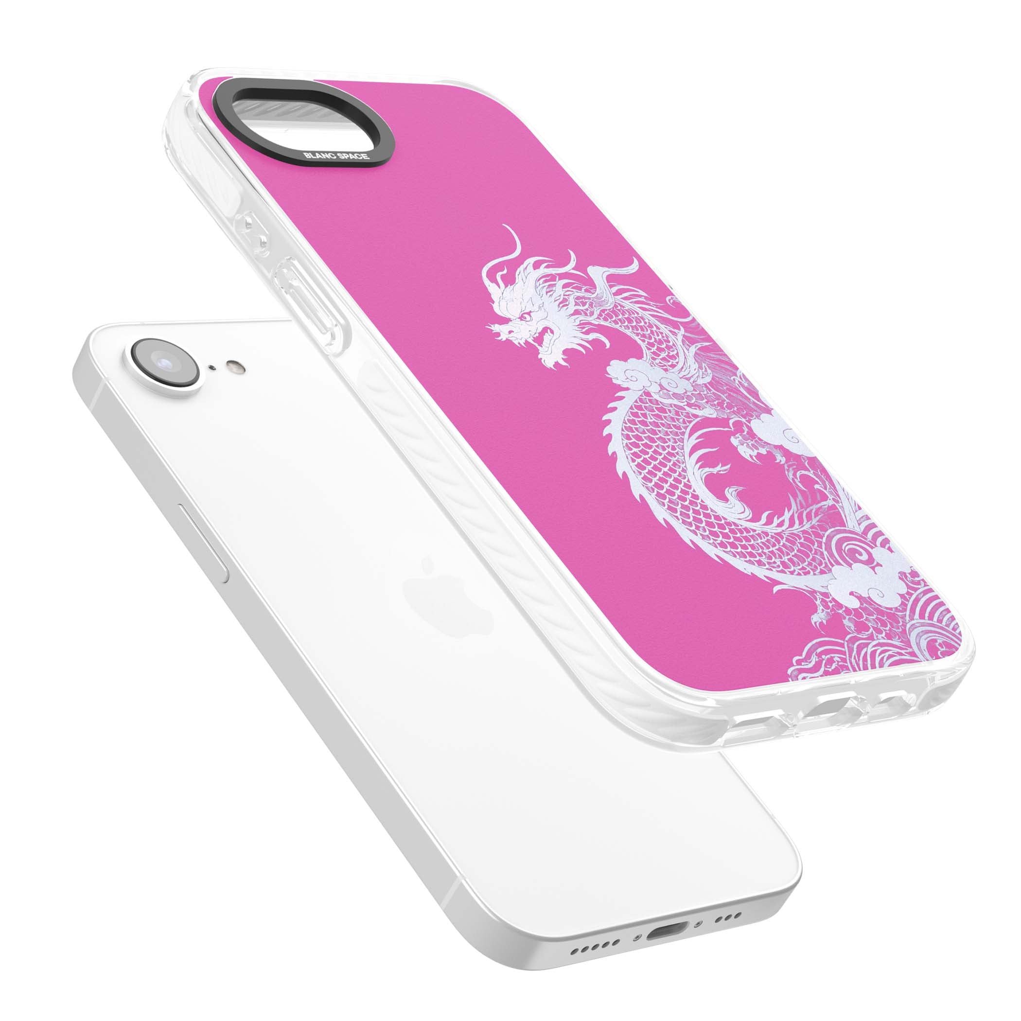 Pink Empress chinese dragon iPhone case featuring a white dragon, swirling clouds and pink dragon wallpaper backdrop | Clear Impact case for iPhone 16e, iPhone 17e