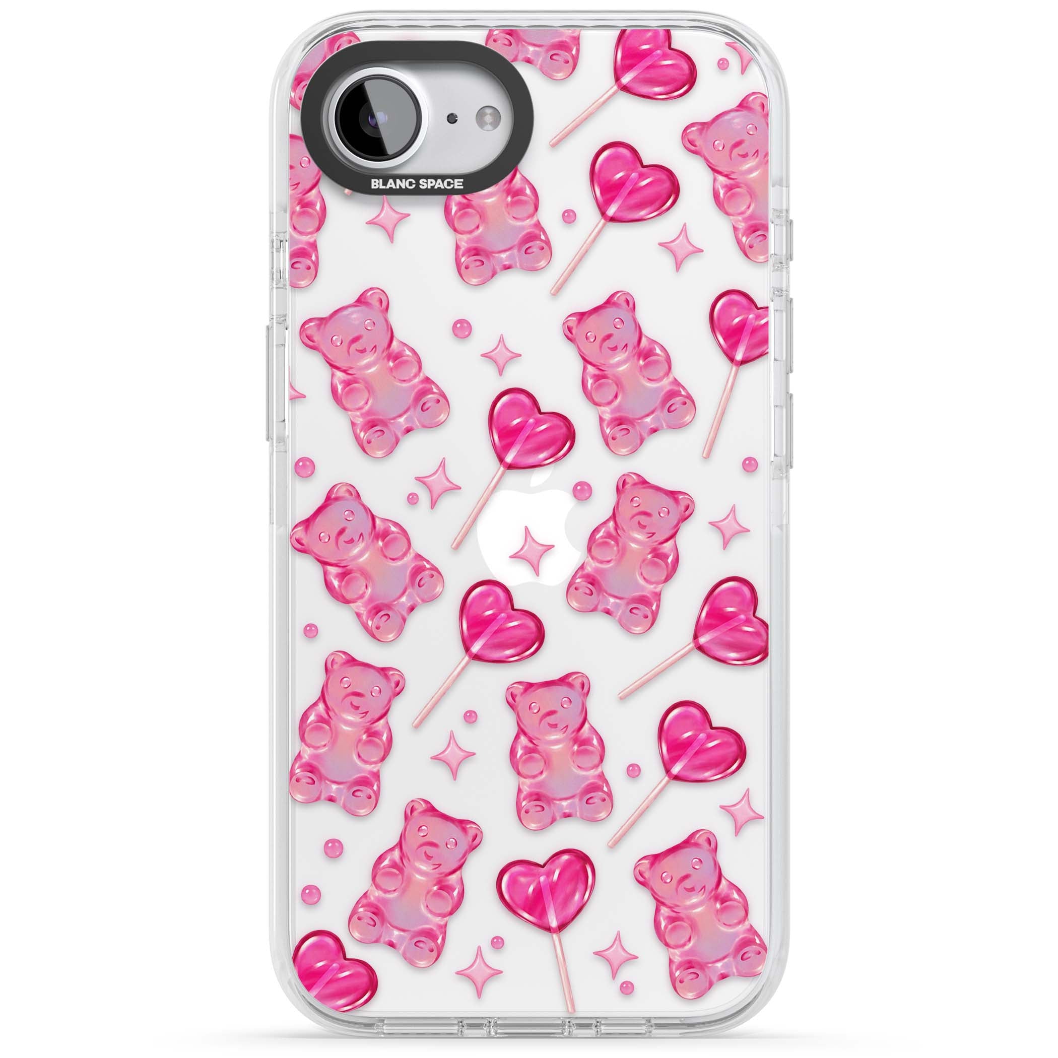 Pink Sugar pinkcore iPhone case featuring pink gummy bears, heart-shaped lollipops and sparkle stars | Clear Impact case for iPhone 16e, iPhone 17e