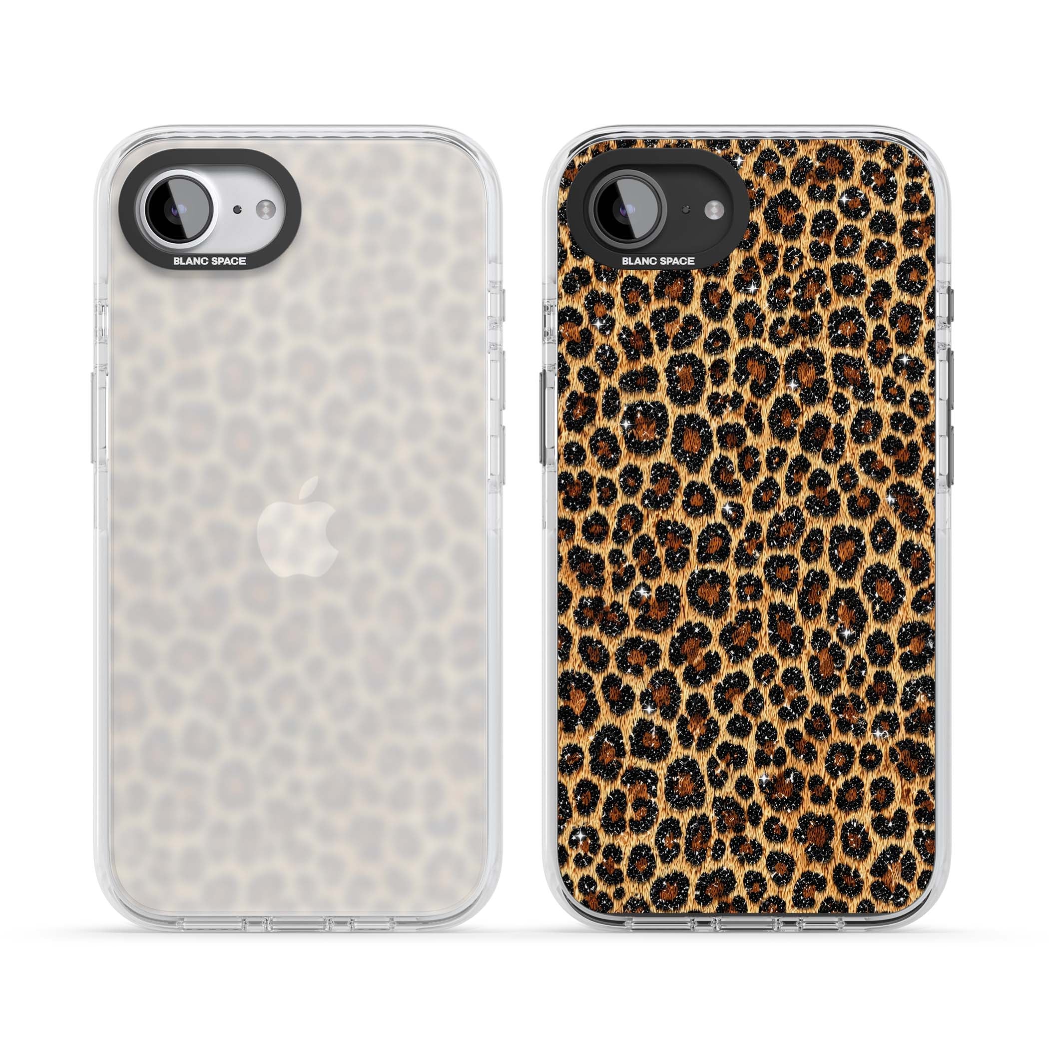 Diamond Leopard leopard print iPhone case featuring golden tan fur, black rosette spots and subtle glitter sparkle | Clear Impact case for iPhone 16e, iPhone 17e