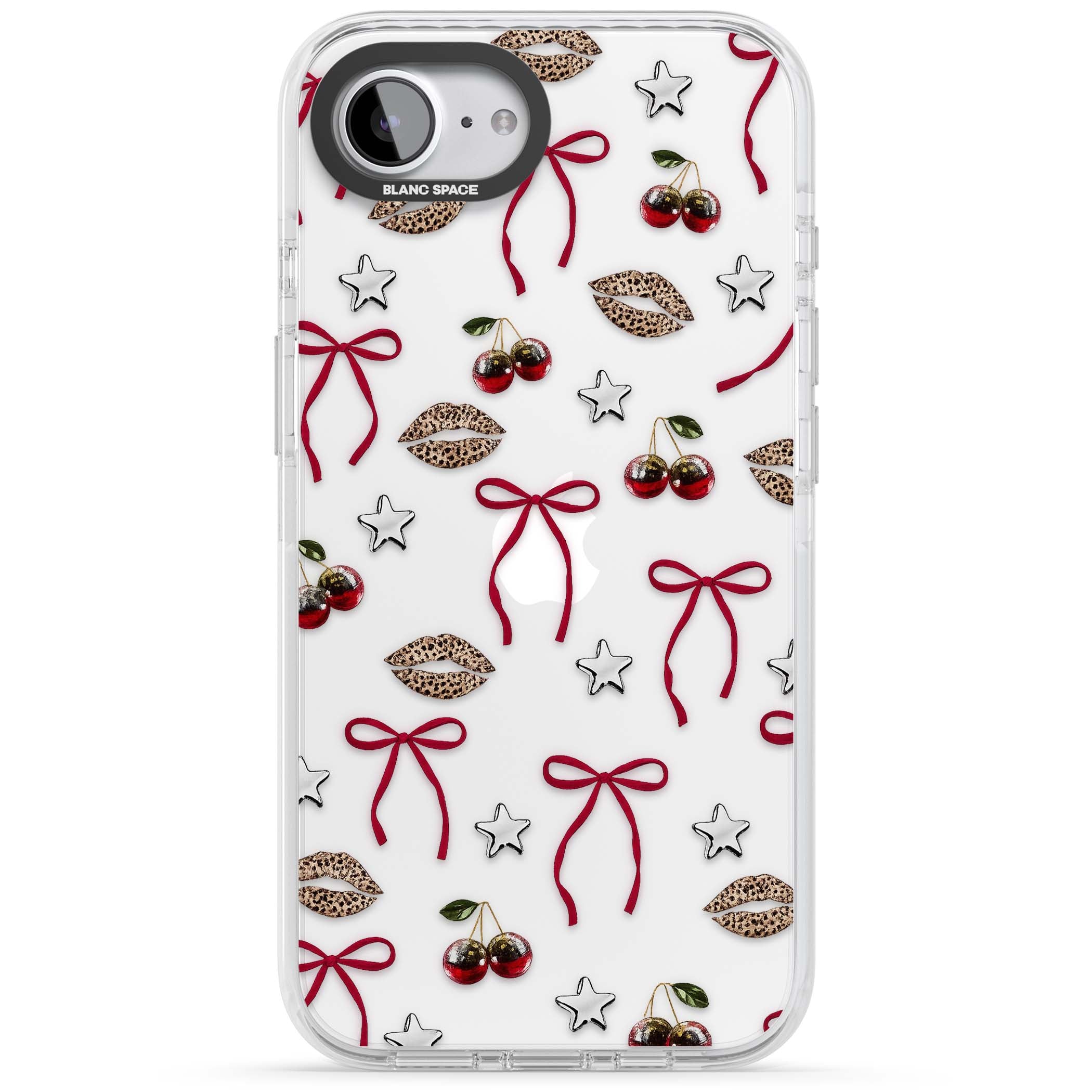 Starlet coquette iPhone case featuring red ribbon bows, disco cherries and leopard-print lips | Clear Impact case for iPhone 16e, iPhone 17e