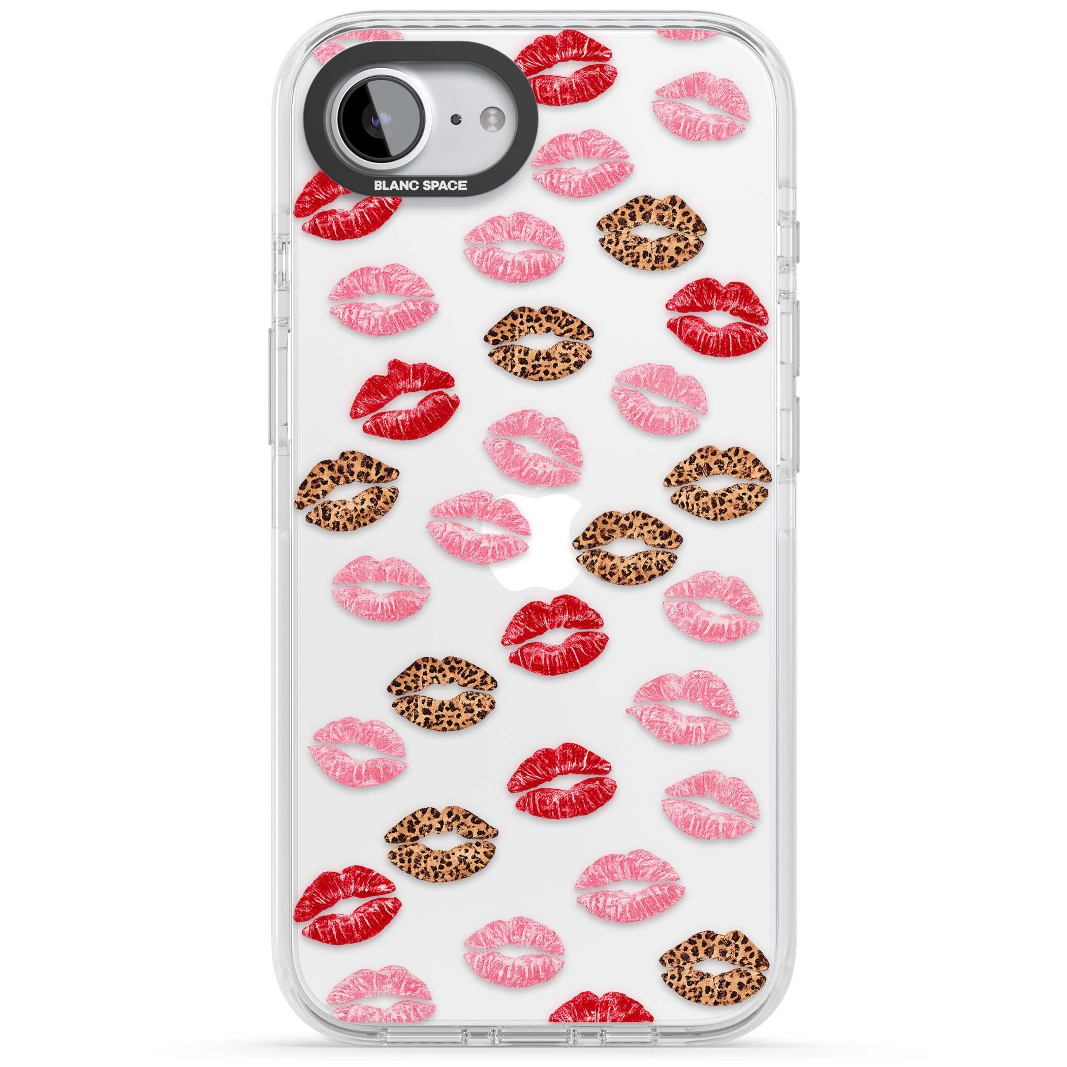Wild Kisses coquette iPhone case featuring red, pink and leopard print lipstick kiss marks on a clear background | Clear Impact case for iPhone 16e, iPhone 17e