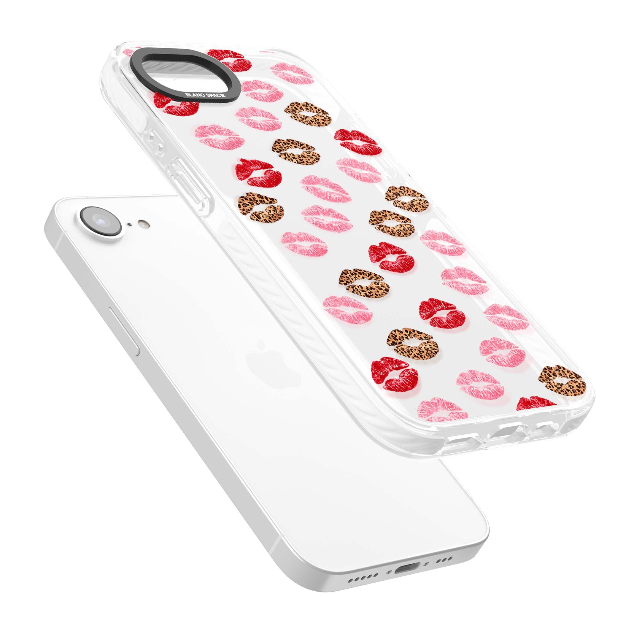 Wild Kisses coquette iPhone case featuring red, pink and leopard print lipstick kiss marks on a clear background | Clear Impact case for iPhone 16e, iPhone 17e