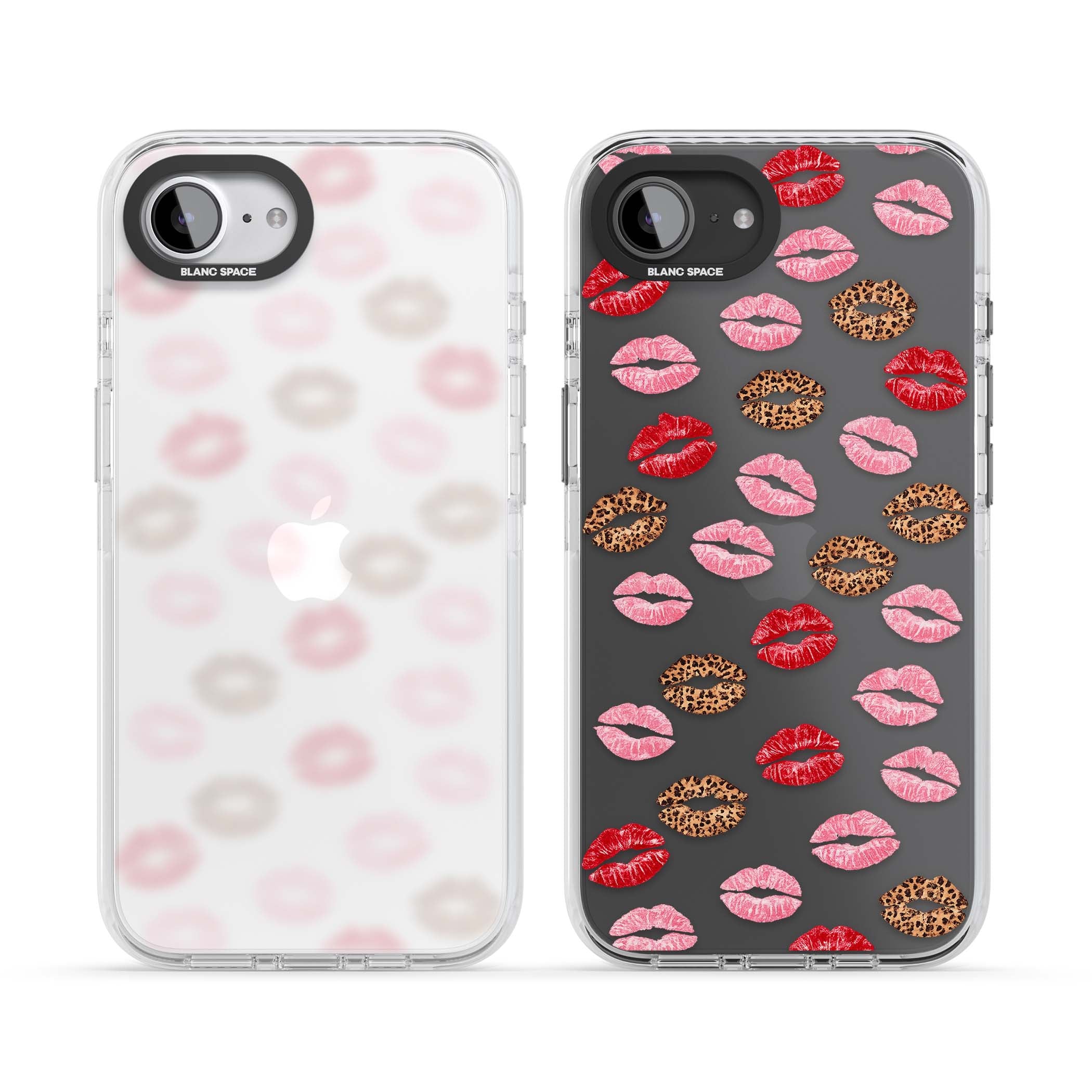 Wild Kisses coquette iPhone case featuring red, pink and leopard print lipstick kiss marks on a clear background | Clear Impact case for iPhone 16e, iPhone 17e
