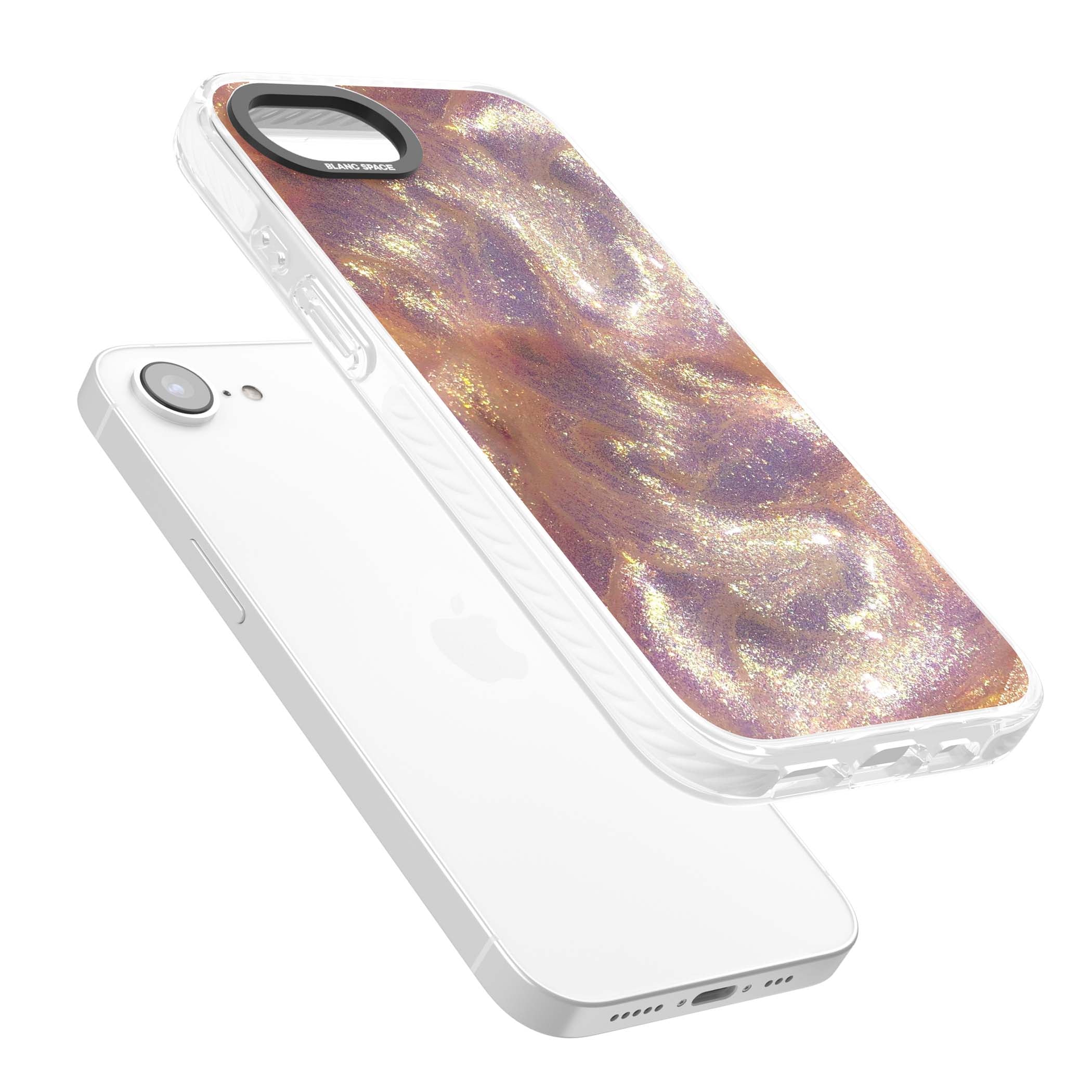 Shimmer marble iPhone case featuring rose gold glitter swirls, lilac shimmer and iridescent pearl finish | Clear Impact case for iPhone 16e, iPhone 17e