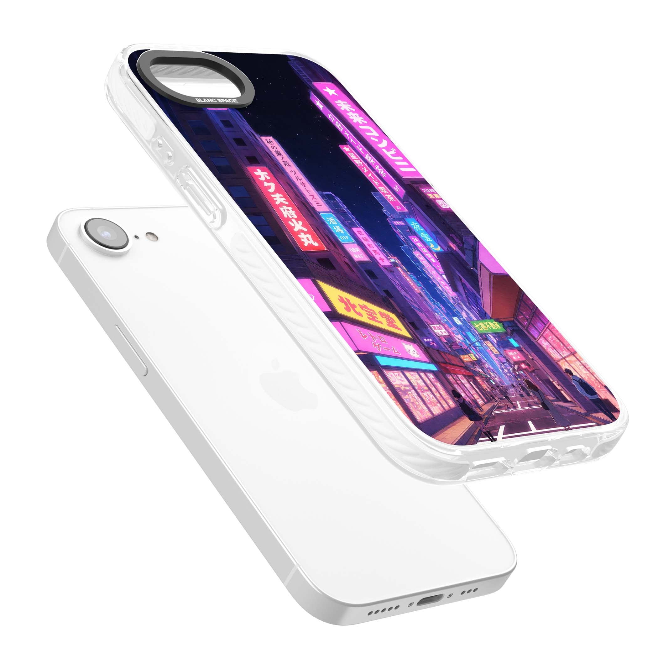 Shibuya At Night Japanese neon city iPhone case featuring glowing kanji signs, pink storefronts and a Tokyo street at n | Clear Impact case for iPhone 16e, iPhone 17e