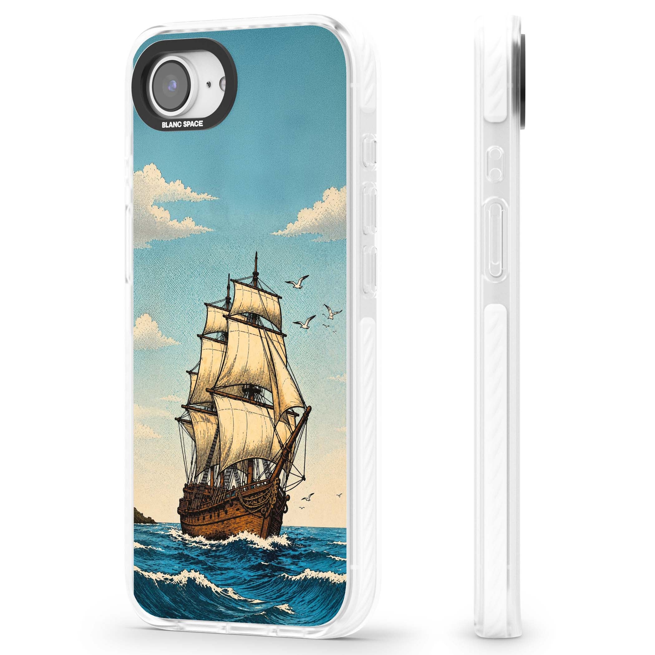 Ship at Sea nautical iPhone case featuring a vintage tall ship, ocean waves and seagulls | Clear Impact case for iPhone 16e, iPhone 17e