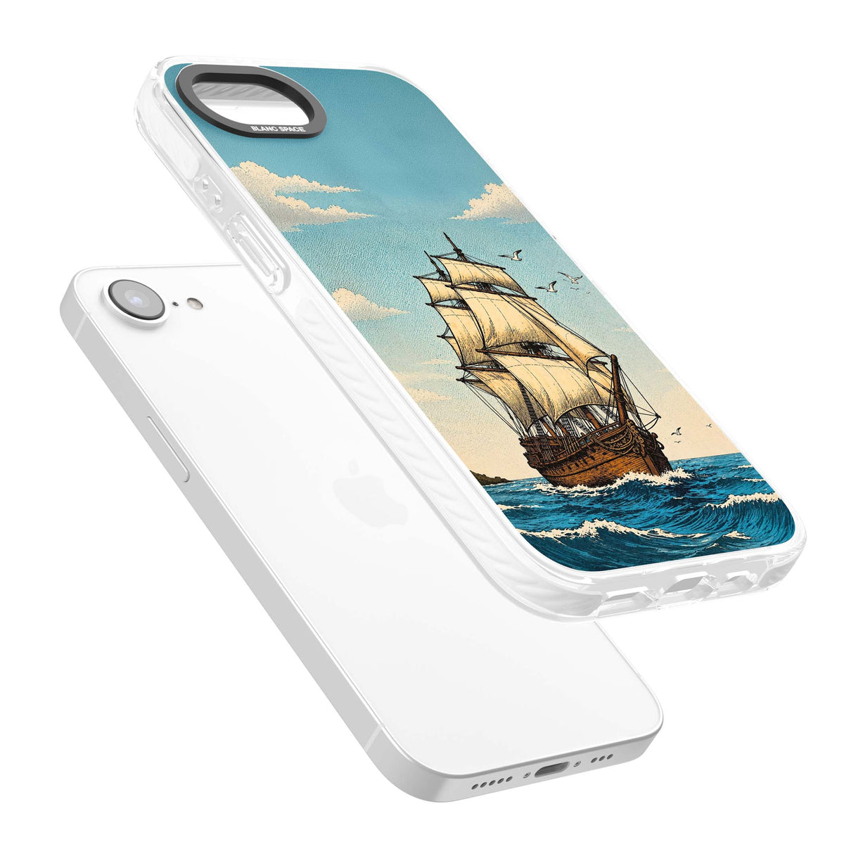 Ship at Sea nautical iPhone case featuring a vintage tall ship, ocean waves and seagulls | Clear Impact case for iPhone 16e, iPhone 17e