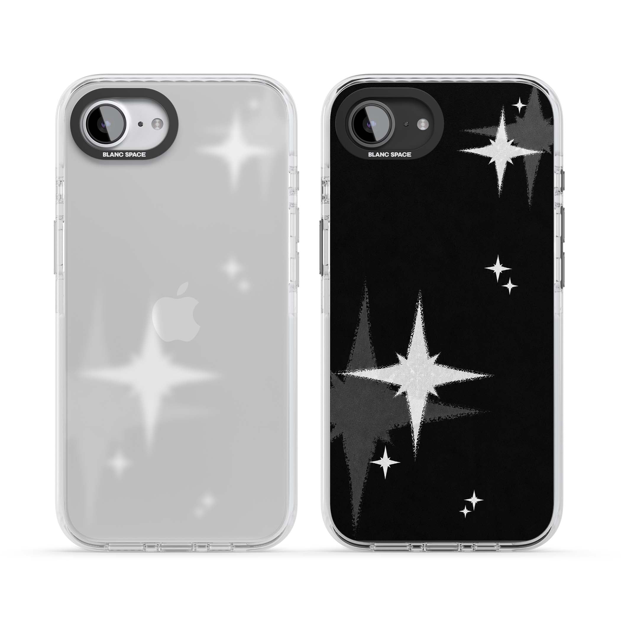 Black Sparkle celestial iPhone case featuring white sparkle stars on a black night sky background | Clear Impact case for iPhone 16e, iPhone 17e
