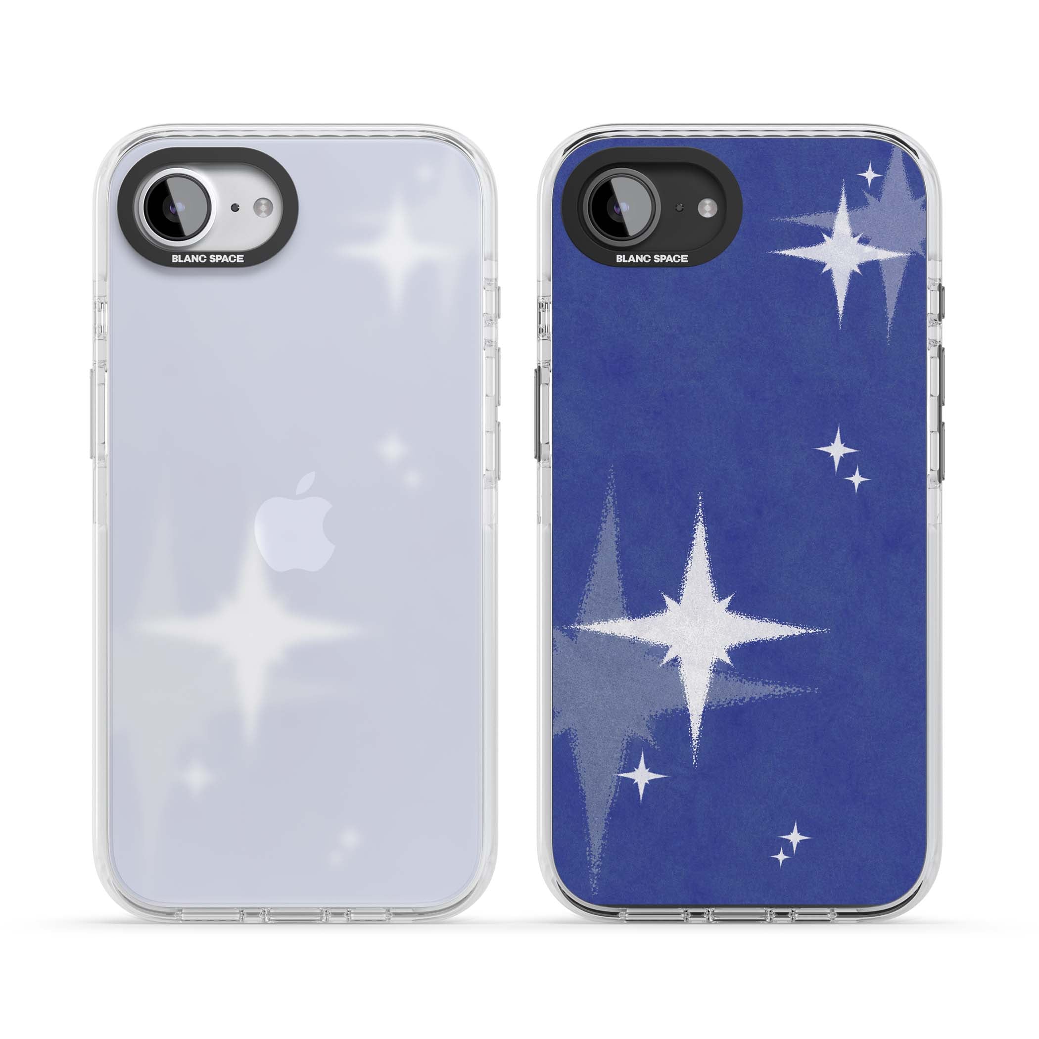 Blue Sparkle celestial iPhone case featuring sparkling silver stars on a deep blue painterly night sky | Clear Impact case for iPhone 16e, iPhone 17e