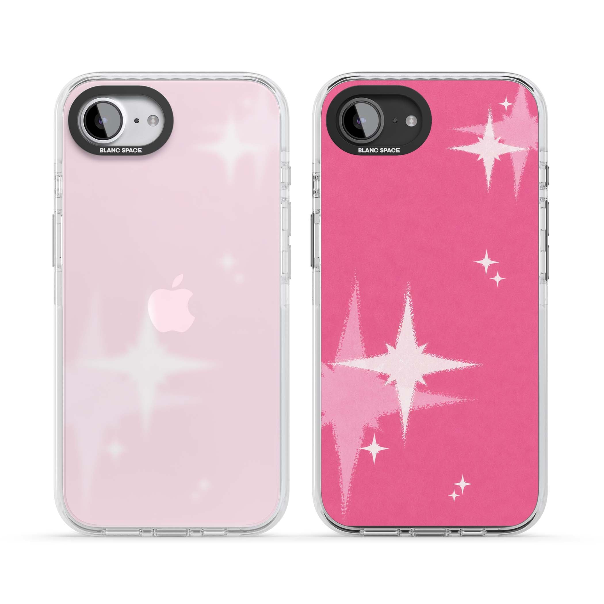 Pink Sparkle Y2K iPhone case featuring hot pink background with shimmering white starburst pattern | Clear Impact case for iPhone 16e, iPhone 17e