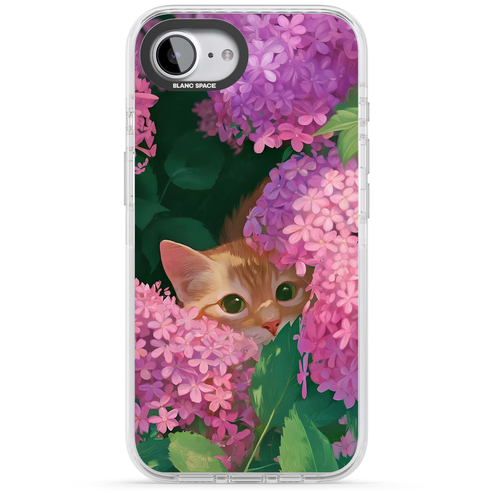 Cat In Pink Flowers cottagecore iPhone case featuring a ginger kitten peeking through lilac and pink hydrangea flo | Clear Impact case for iPhone 16e, iPhone 17e