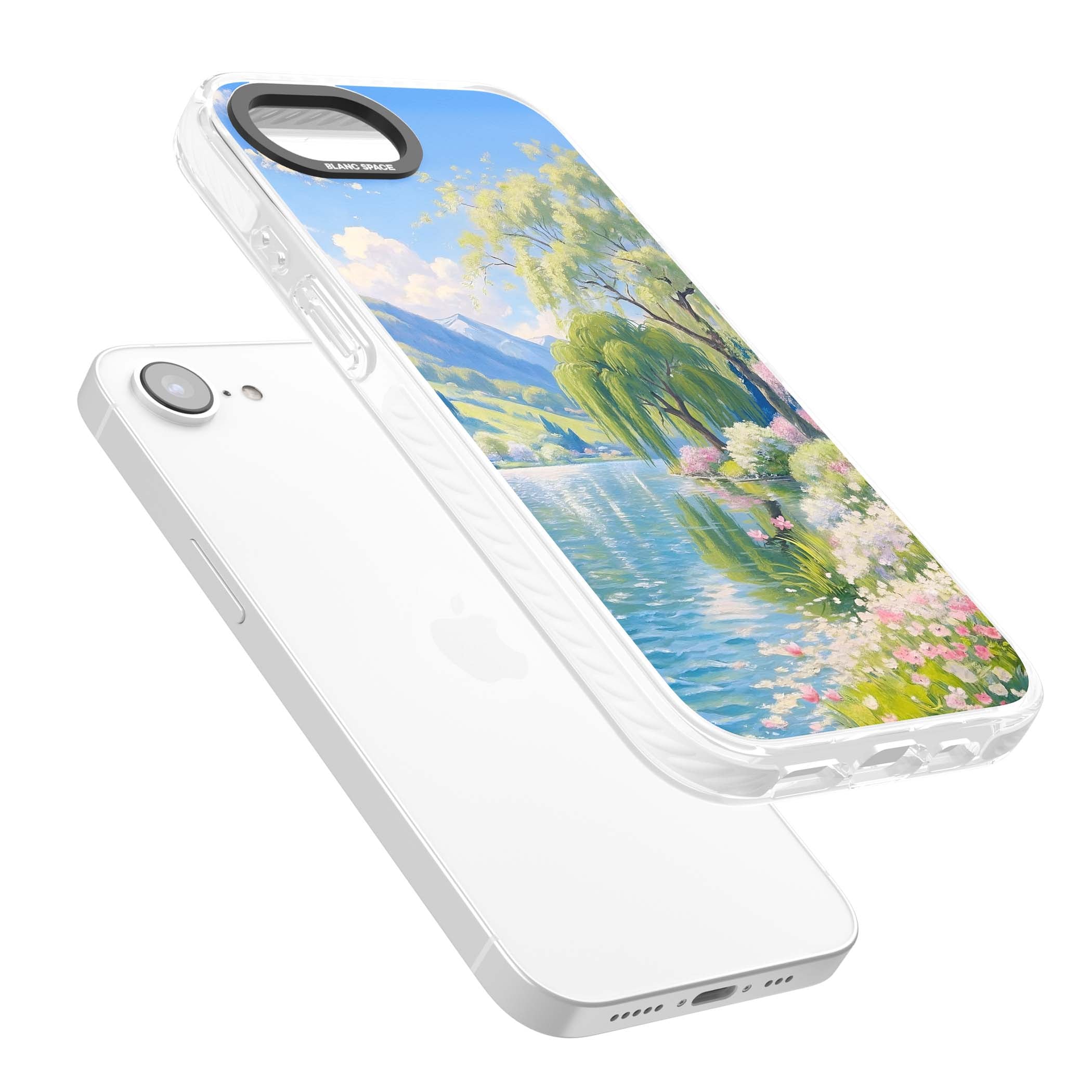 Willow Lake cottagecore iPhone case featuring a painted lakeside with weeping willow, blossoms and distant mountains | Clear Impact case for iPhone 16e, iPhone 17e