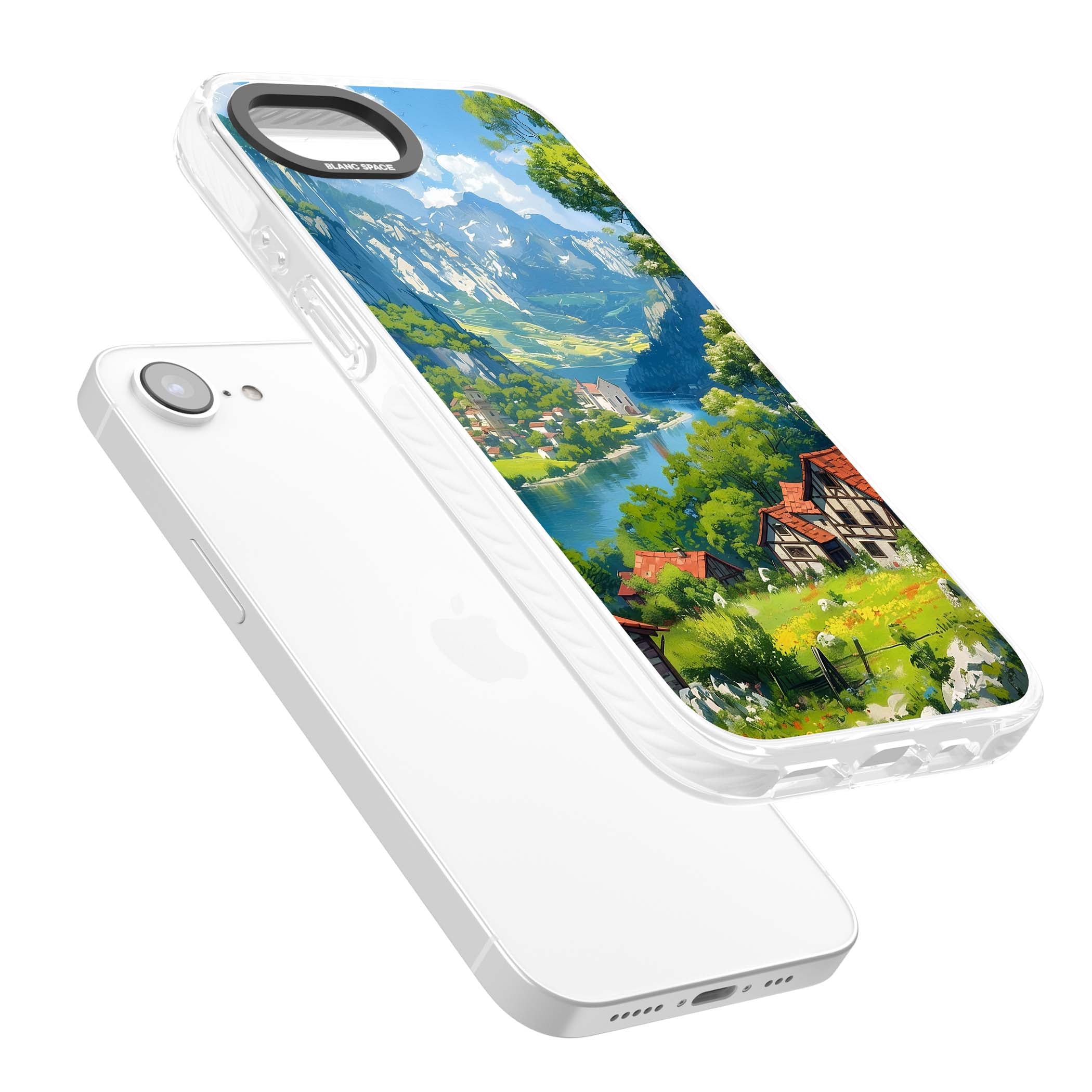 Village In The Valley anime iPhone case featuring a painted mountain village, river valley and half-timbered cottages. | Clear Impact case for iPhone 16e, iPhone 17e