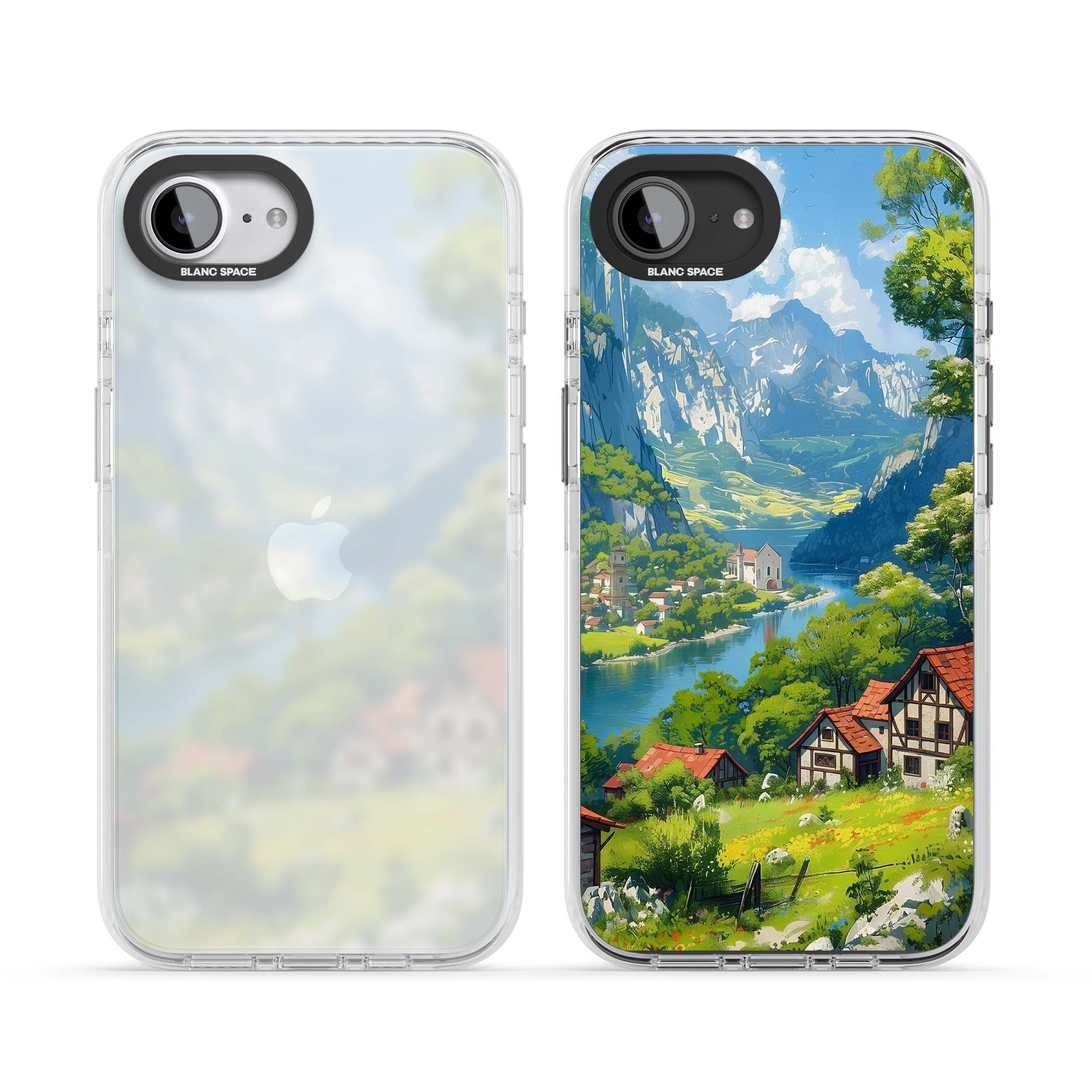 Village In The Valley anime iPhone case featuring a painted mountain village, river valley and half-timbered cottages. | Clear Impact case for iPhone 16e, iPhone 17e