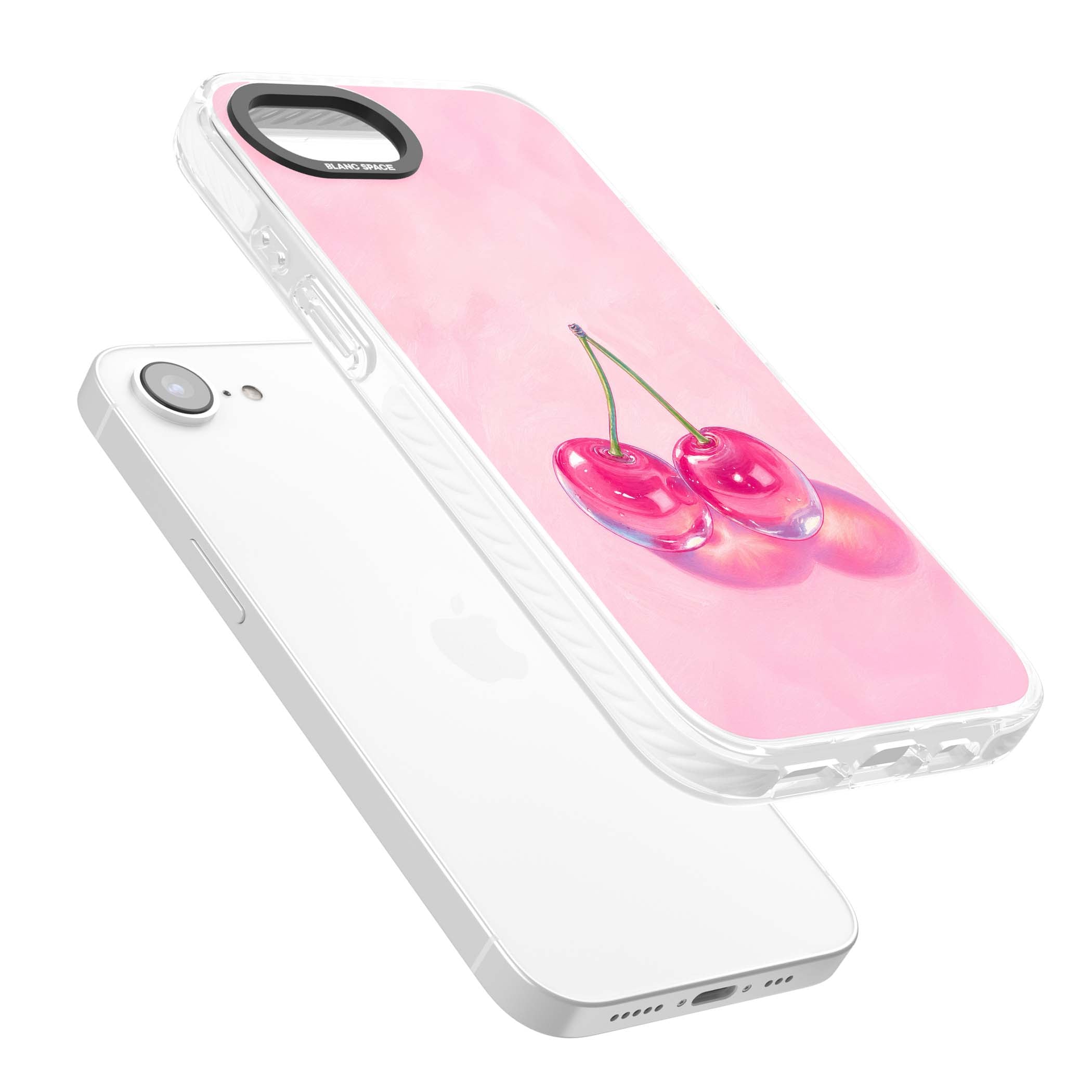Pink Glass Cherry coquette iPhone case featuring two glossy painted cherries on a soft pink background | Clear Impact case for iPhone 16e, iPhone 17e
