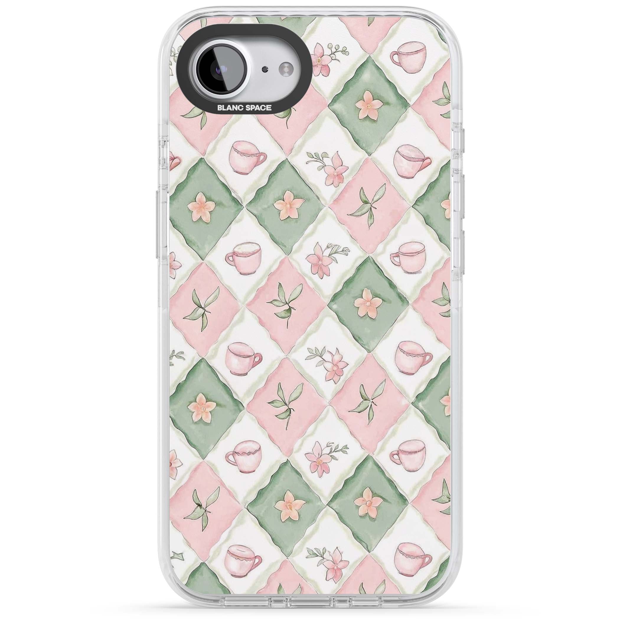 Garden Tea Party coquette iPhone case with pink and green checkered pattern, watercolour teacups and wildflowers | Clear Impact case for iPhone 16e, iPhone 17e