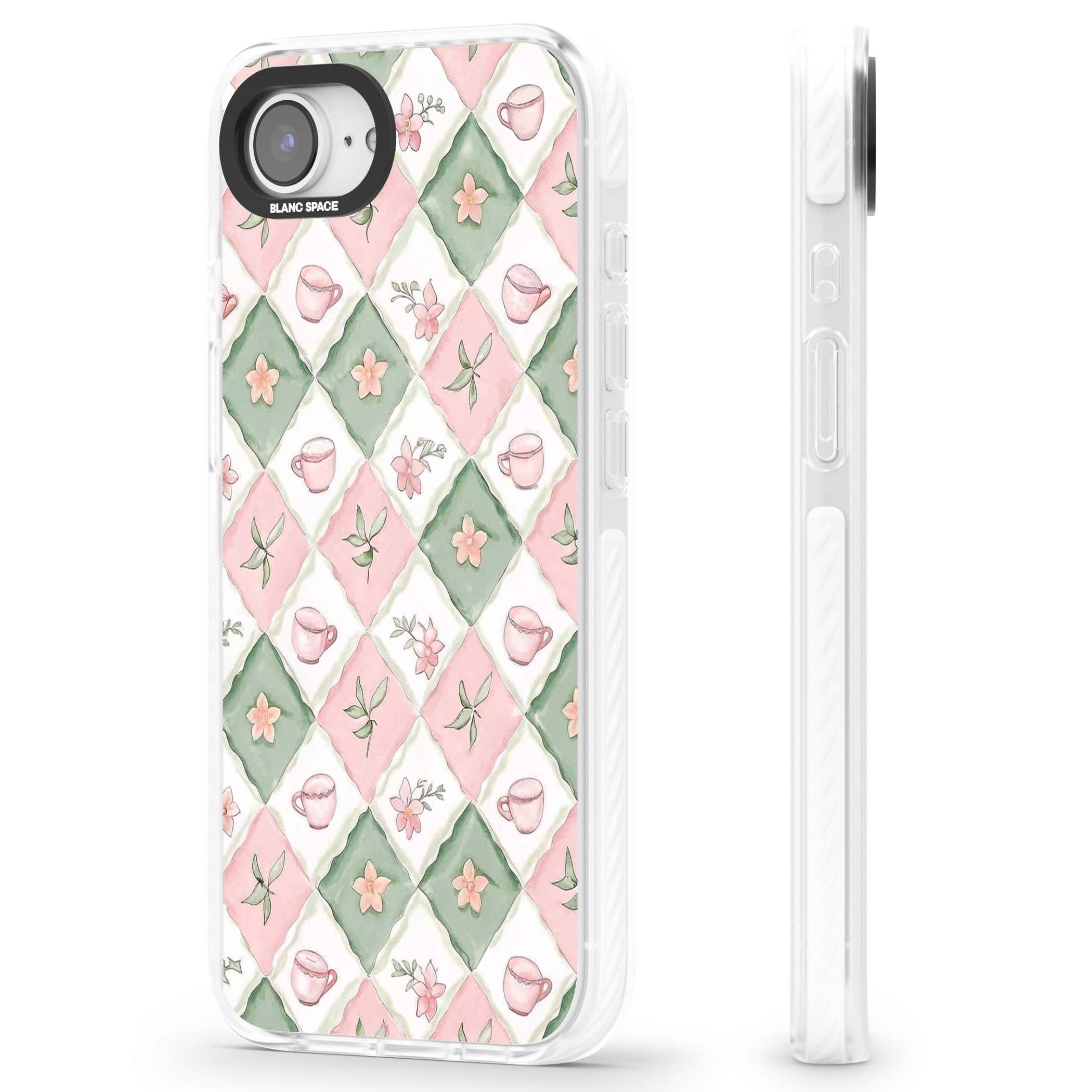 Garden Tea Party coquette iPhone case with pink and green checkered pattern, watercolour teacups and wildflowers | Clear Impact case for iPhone 16e, iPhone 17e