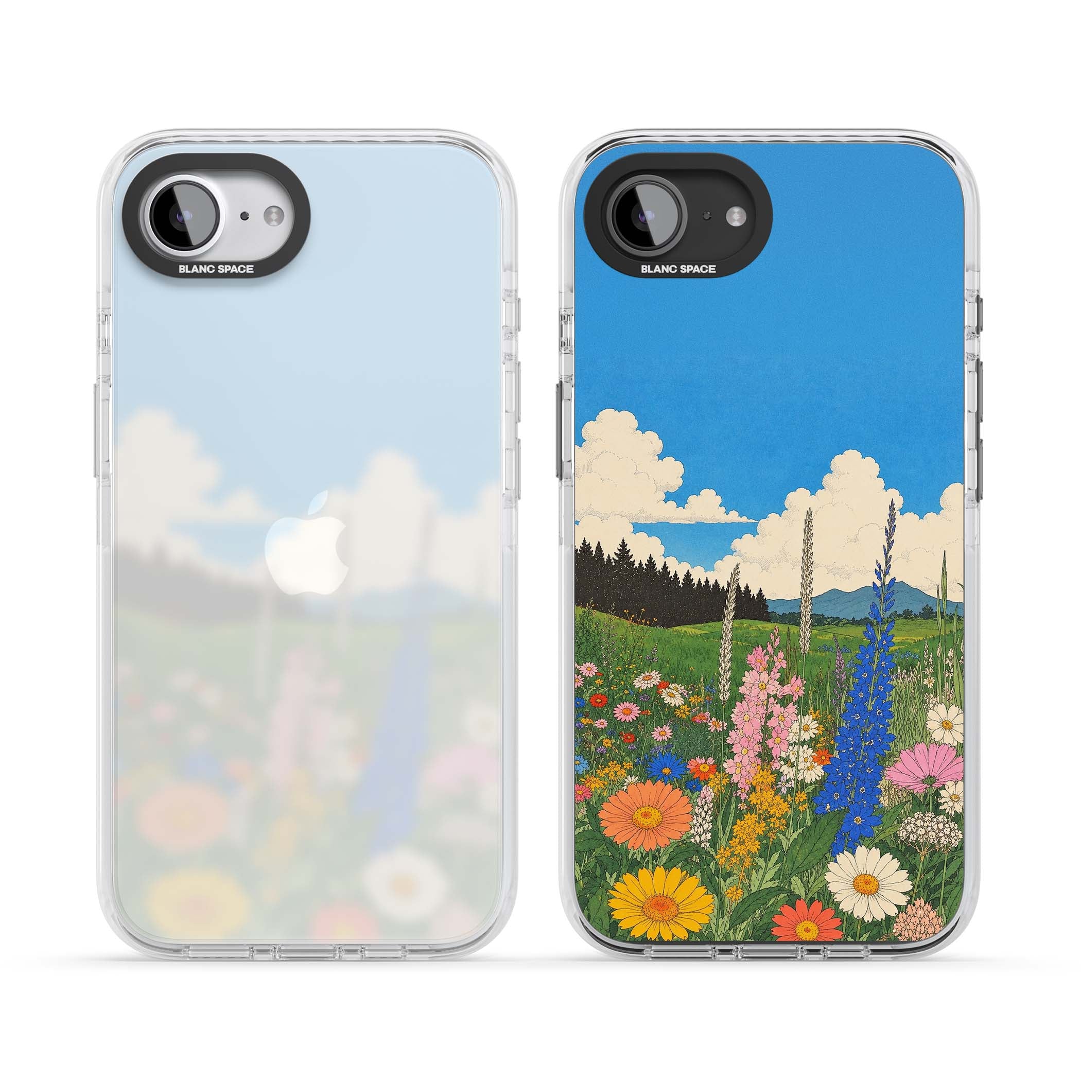 Wildbloom wildflower iPhone case featuring a vintage Japanese-style meadow landscape with daisies, delphiniums and moun | Clear Impact case for iPhone 16e, iPhone 17e