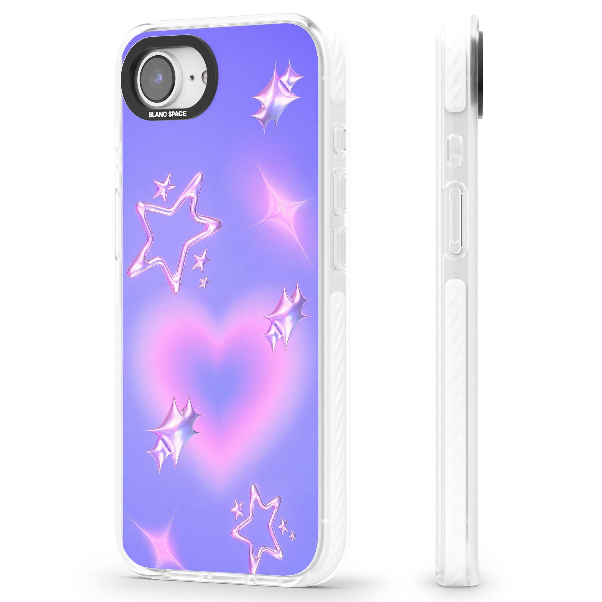 Soft Sugar Y2K iPhone case featuring iridescent chrome hearts, metallic pink stars and a lavender gradient sky | Clear Impact case for iPhone 16e, iPhone 17e