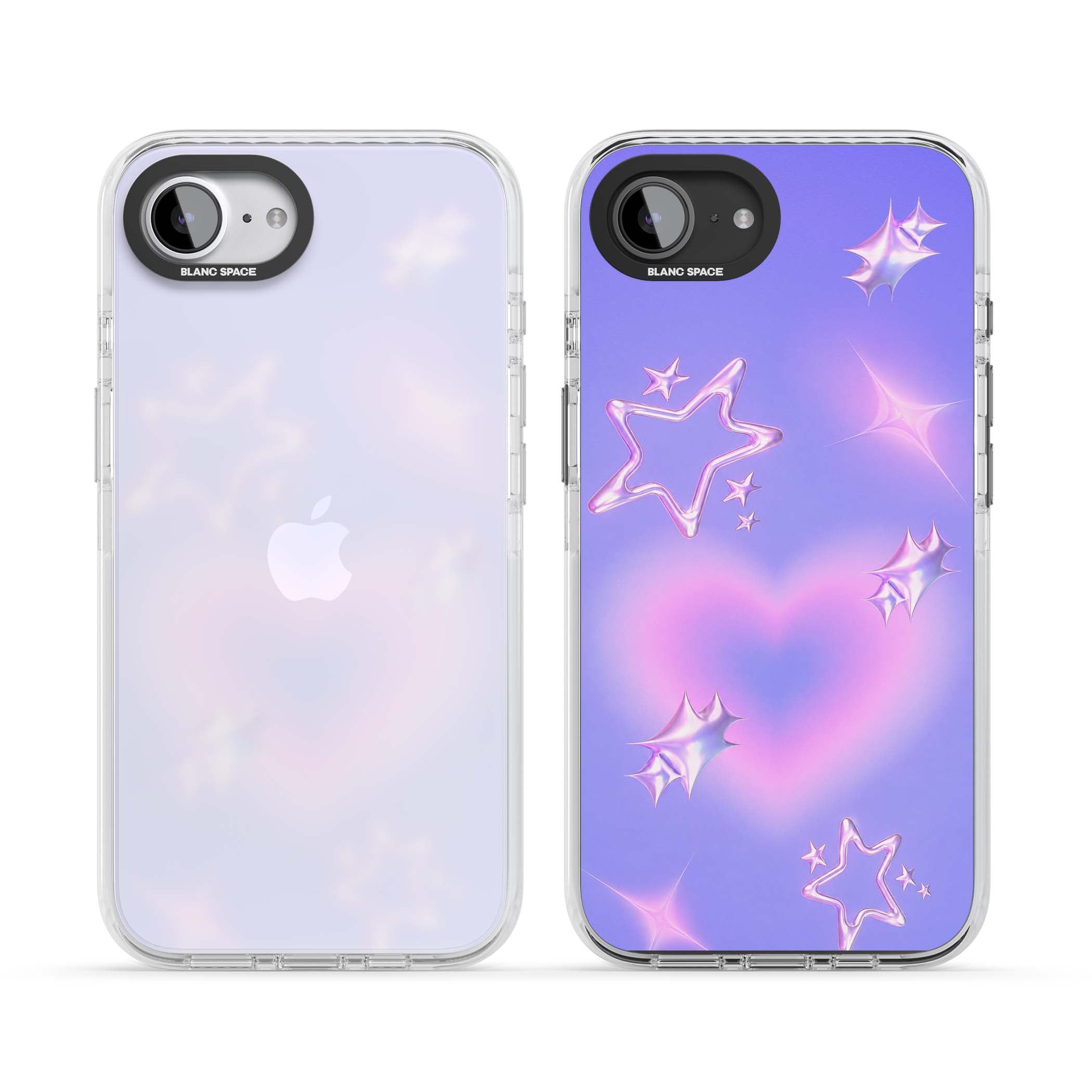 Soft Sugar Y2K iPhone case featuring iridescent chrome hearts, metallic pink stars and a lavender gradient sky | Clear Impact case for iPhone 16e, iPhone 17e
