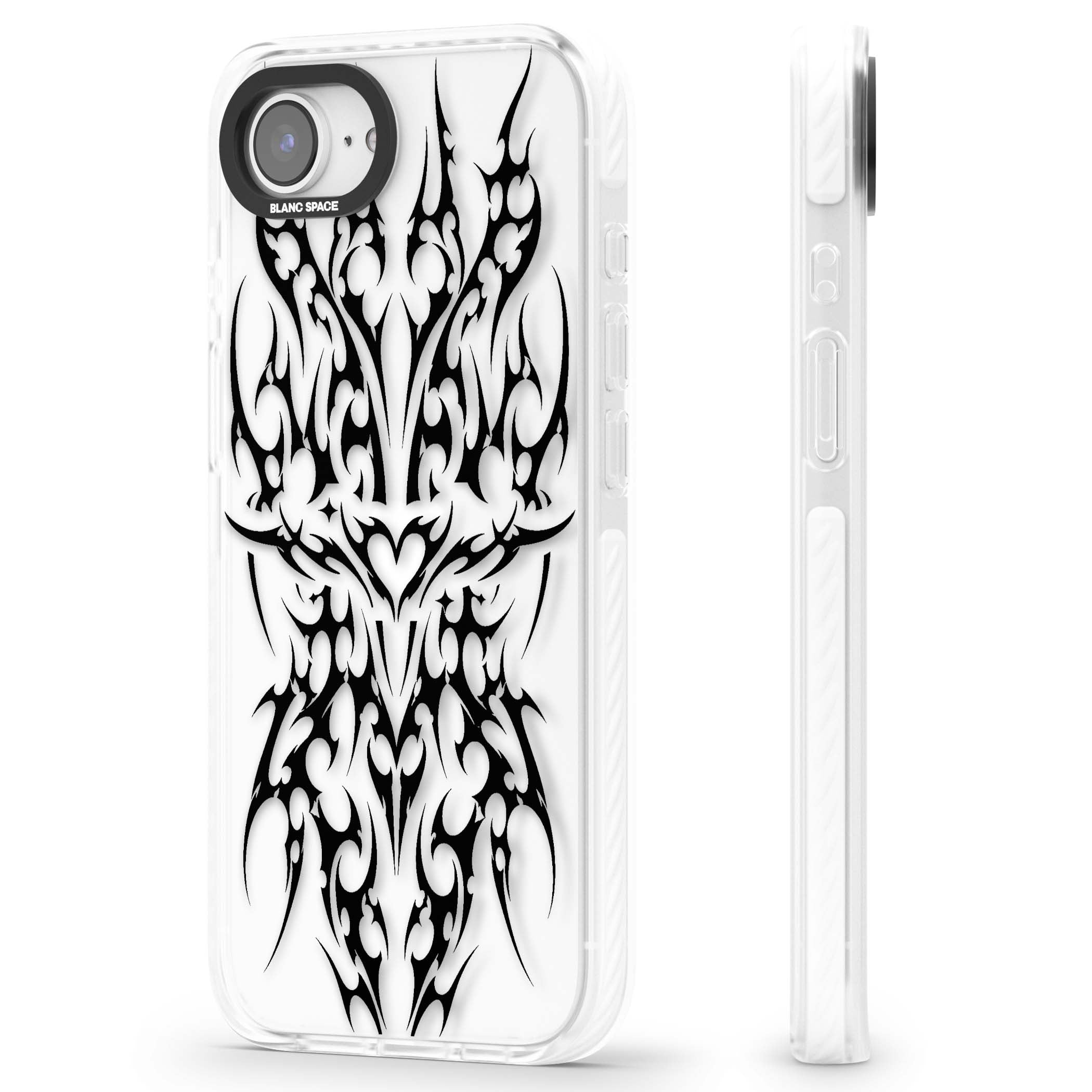 Neo Tribal Heart gothic iPhone case featuring symmetrical black tribal tattoo art with sharp thorn-like linework | Clear Impact case for iPhone 16e, iPhone 17e
